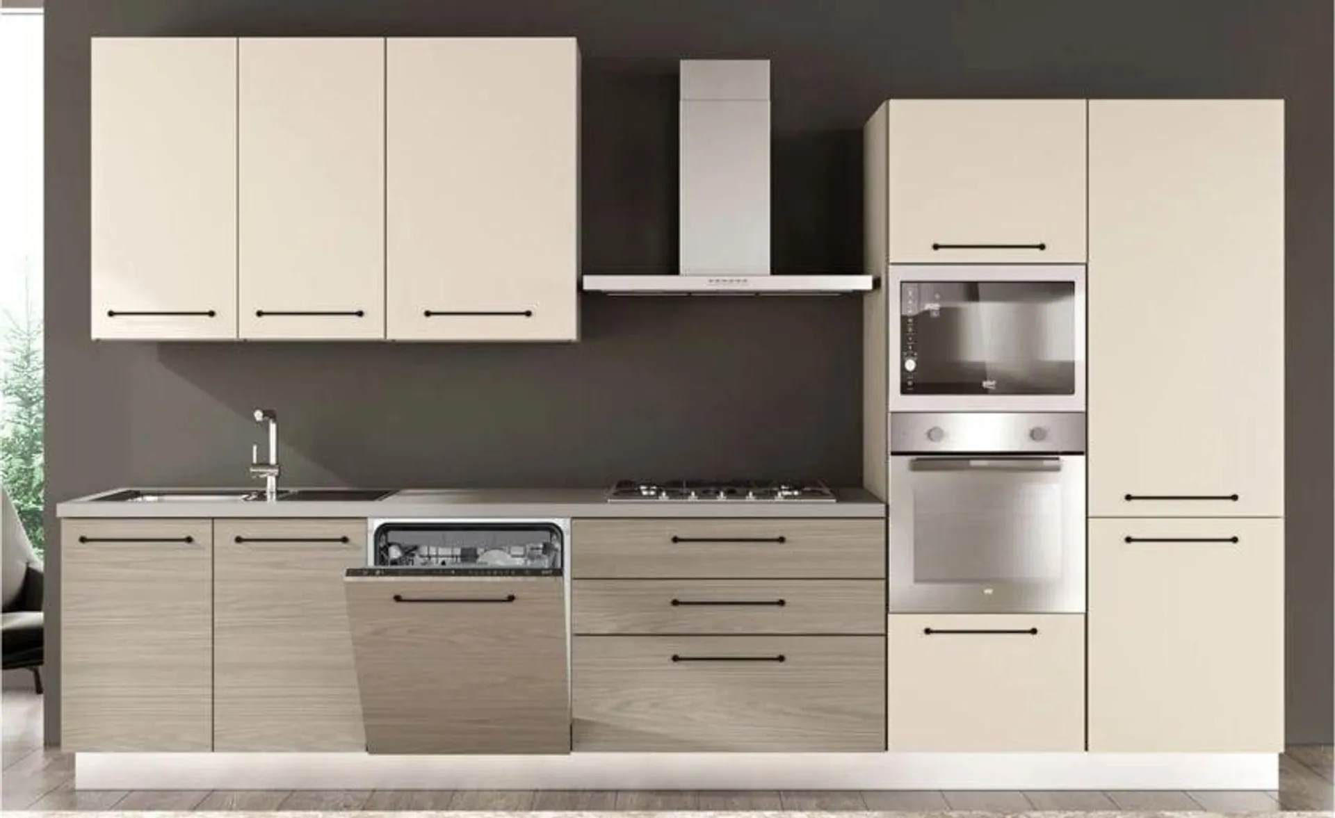 Noa cucina 360 cm colore rovere grigio e grigio angora