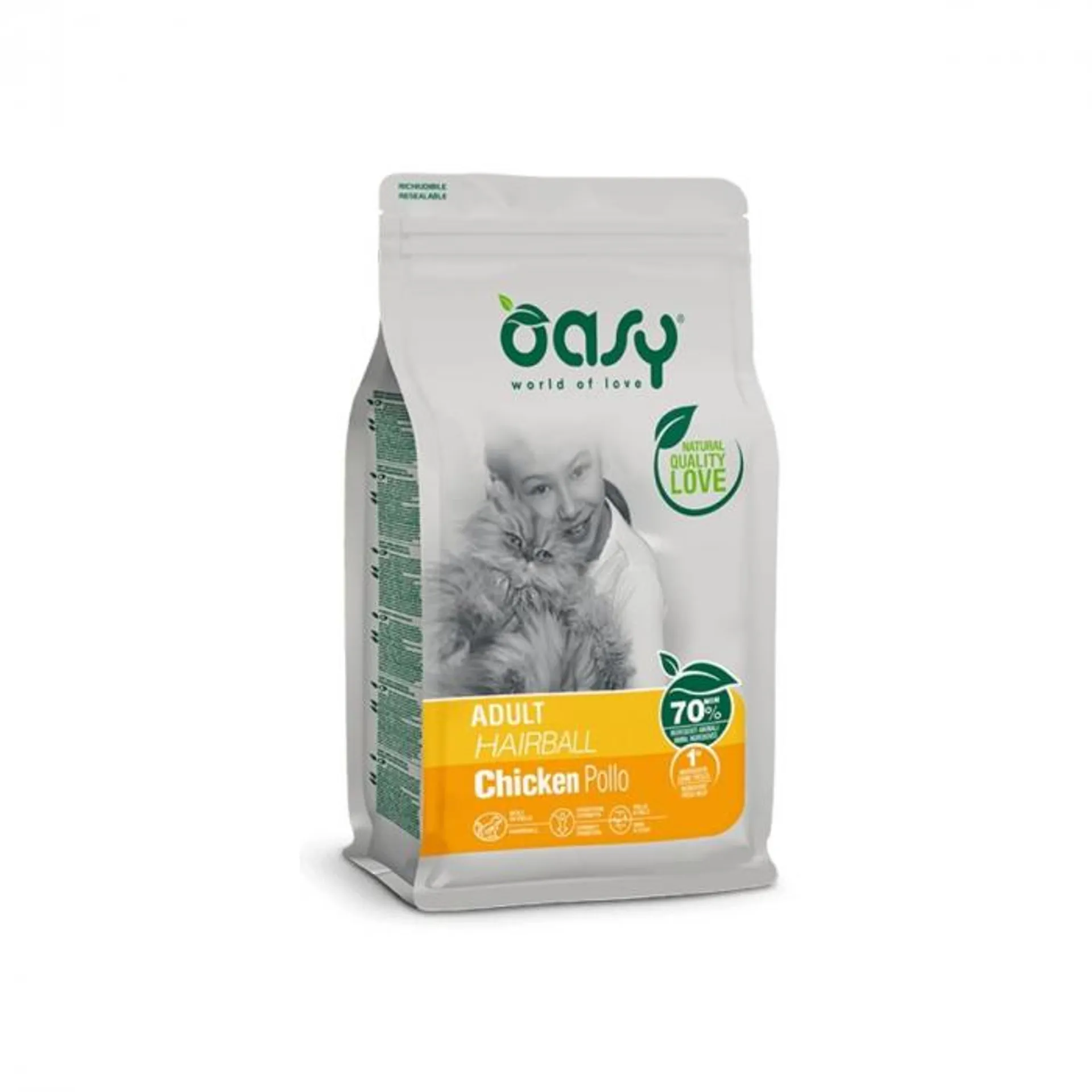 Oasy Cat Adult Hairball crocchette per gatti Pollo 300g