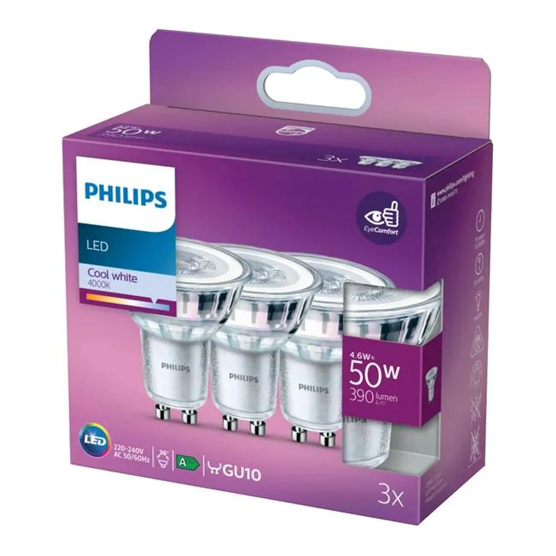 Set da 3 lampadine LED, GU10 faretto, opaco, luce naturale, 4.6W= 400LM (equiv 50 W), classe energetica A, PHILIPS