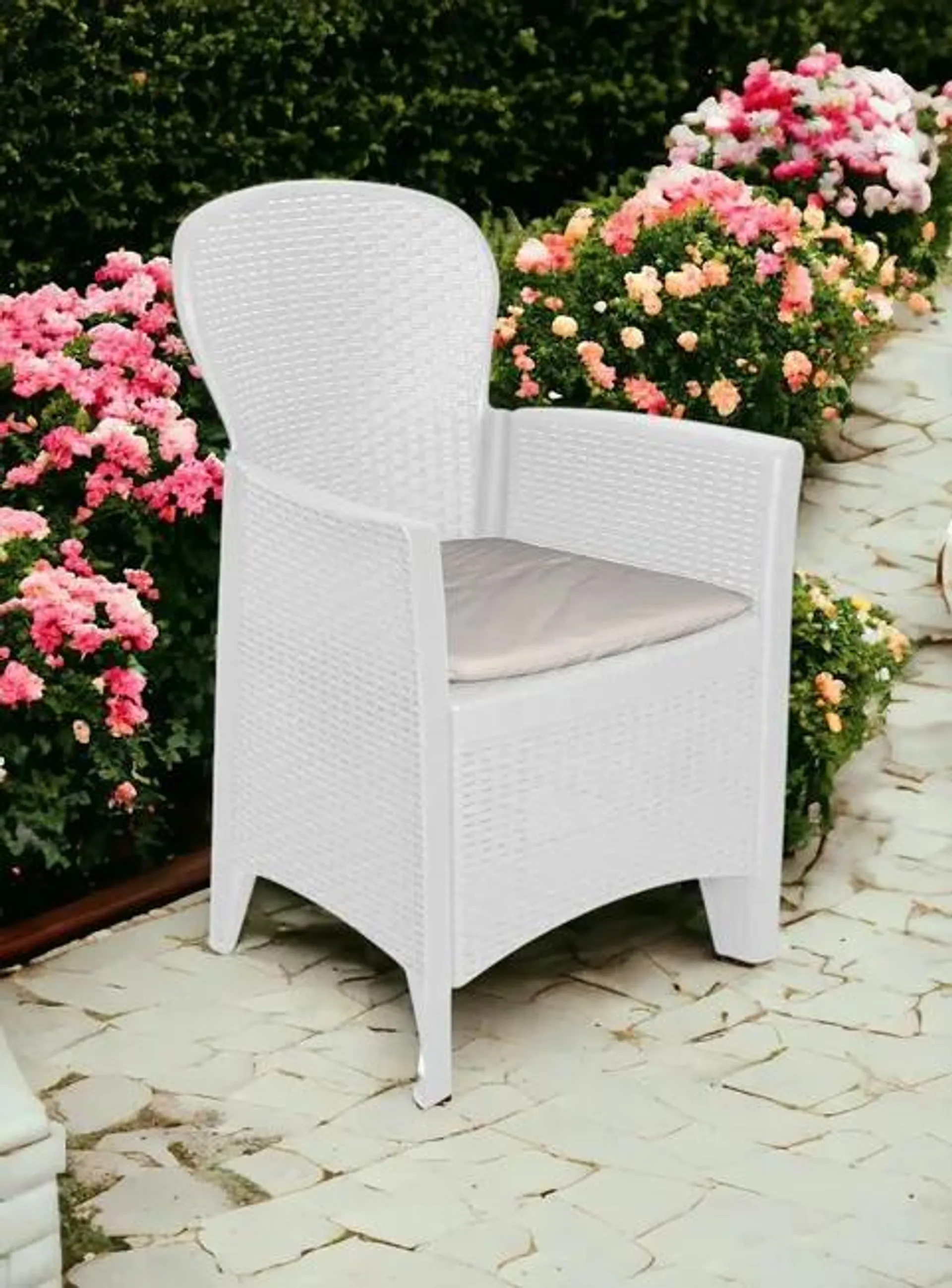 Sedia da esterno Como, Seduta da giardino, Poltrona outdoor effetto rattan, 100 % Made in Italy, 60x58h89 cm, Bianco