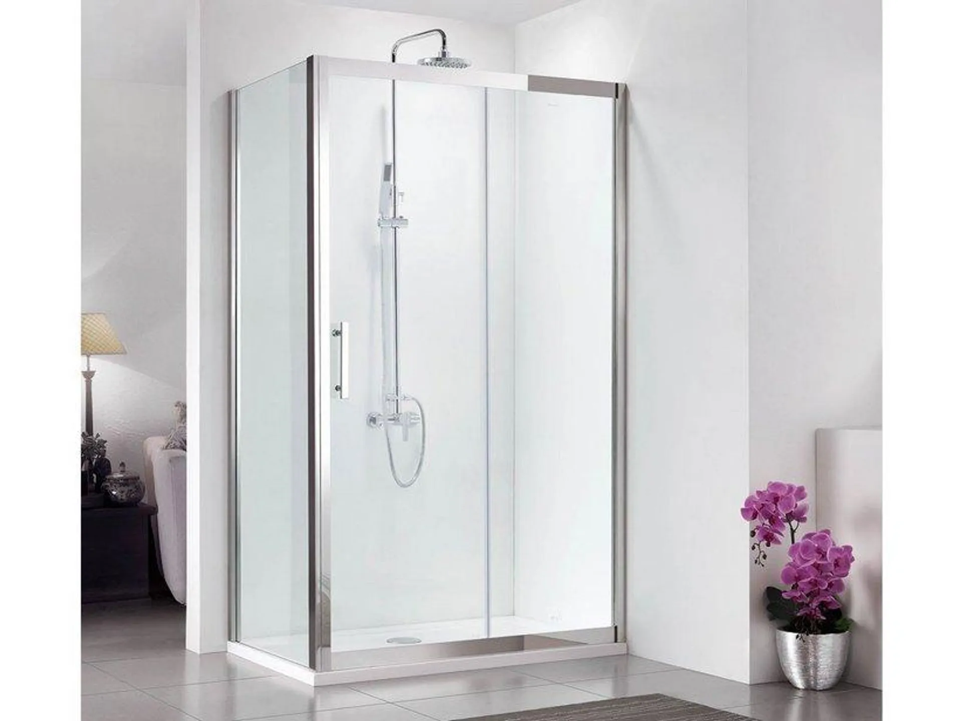 Box Doccia Angolare Zeus 70x100 H200 Porta Scorrevole e Lato Fisso Cristallo 8 mm Trasparente Inox lucido a specchio