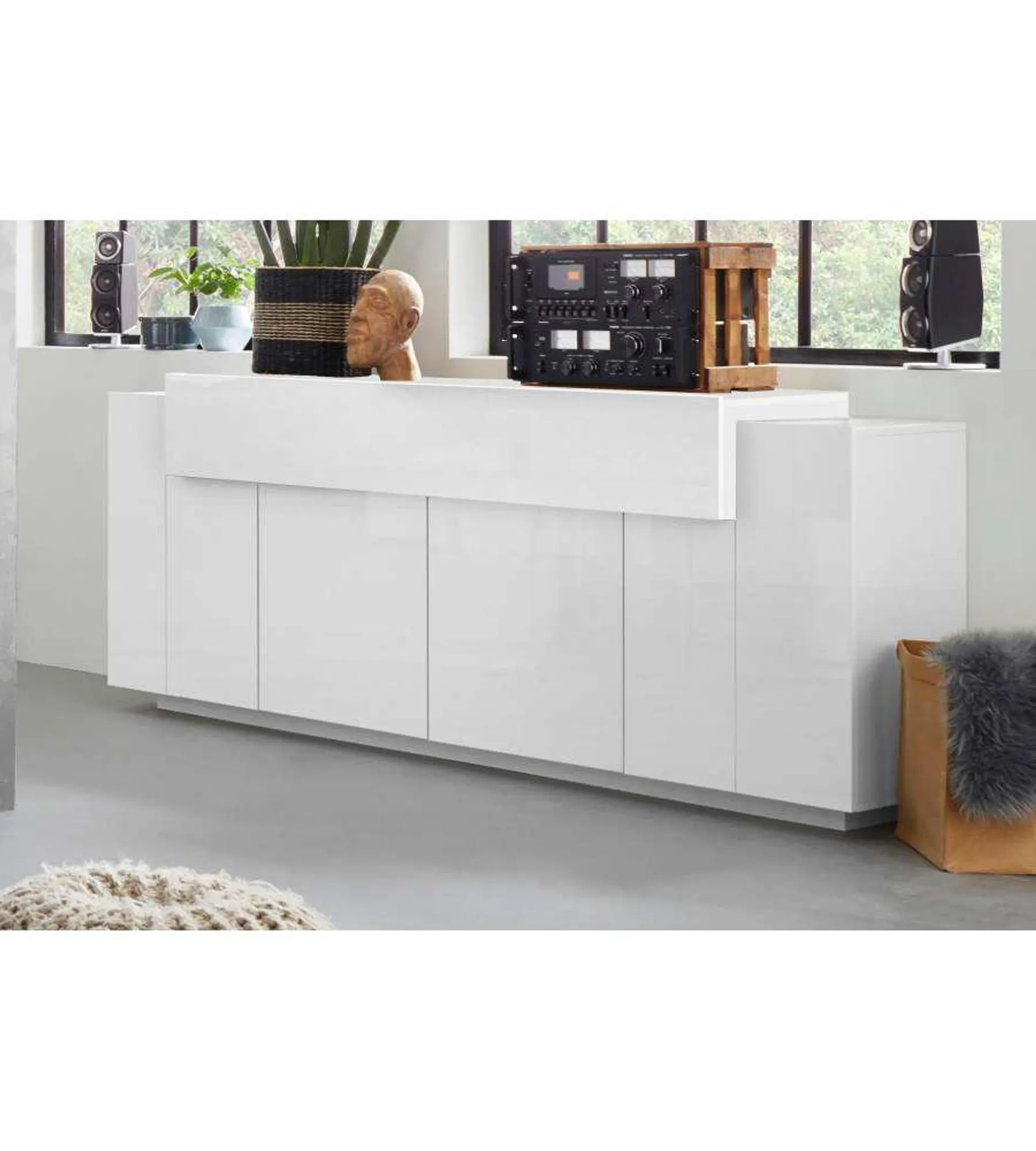 Credenza Corona Moderna 4 Ante Battente 1 Anta Ribalta Bianco E Bianco Laccato