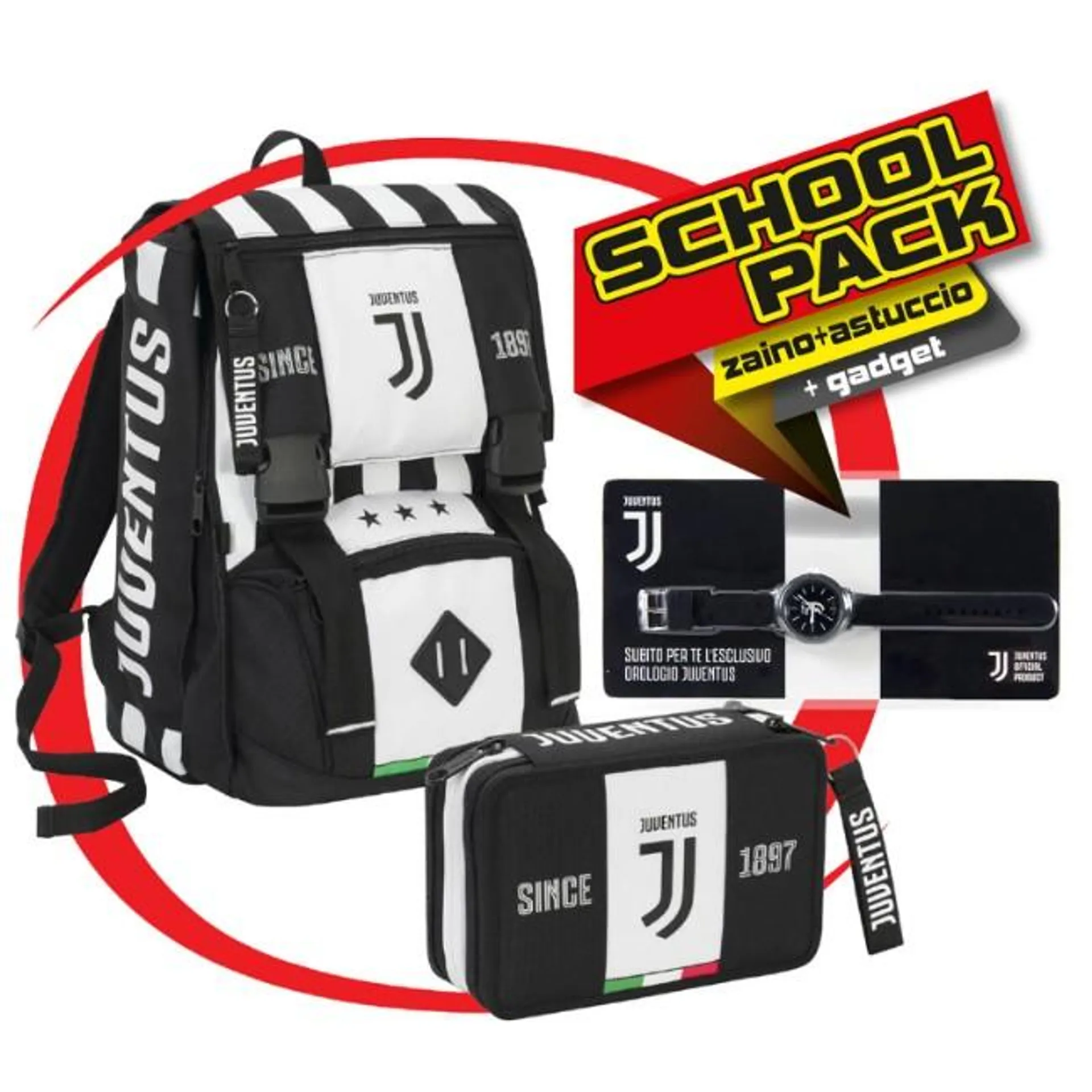 Schoolpack con Gadget Omaggio Juventus (Zaino Sdoppiabile Big + Astuccio 3 Zip + Orologio)