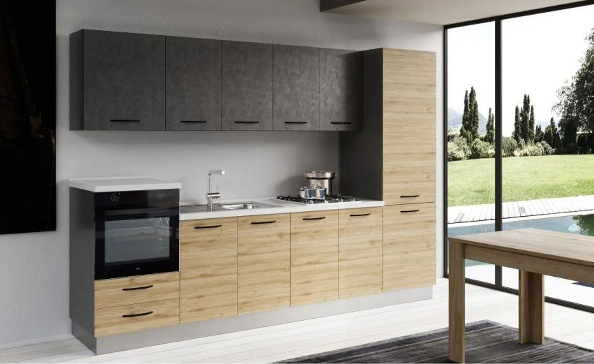 Gilda cucina 300 cm colore rovere cadiz e cemento scuro