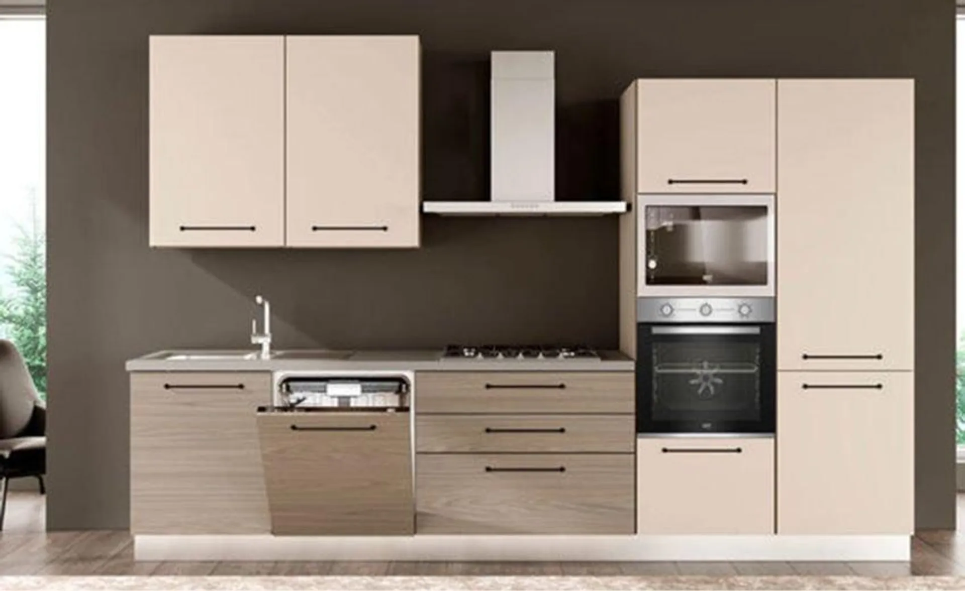 Noa cucina 330 cm colore rovere grigio e grigio angora