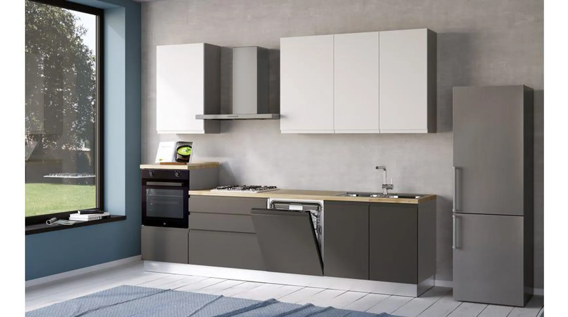 Iris cucina 300 cm colore grigio scuro e bianco opaco con lavastoviglie