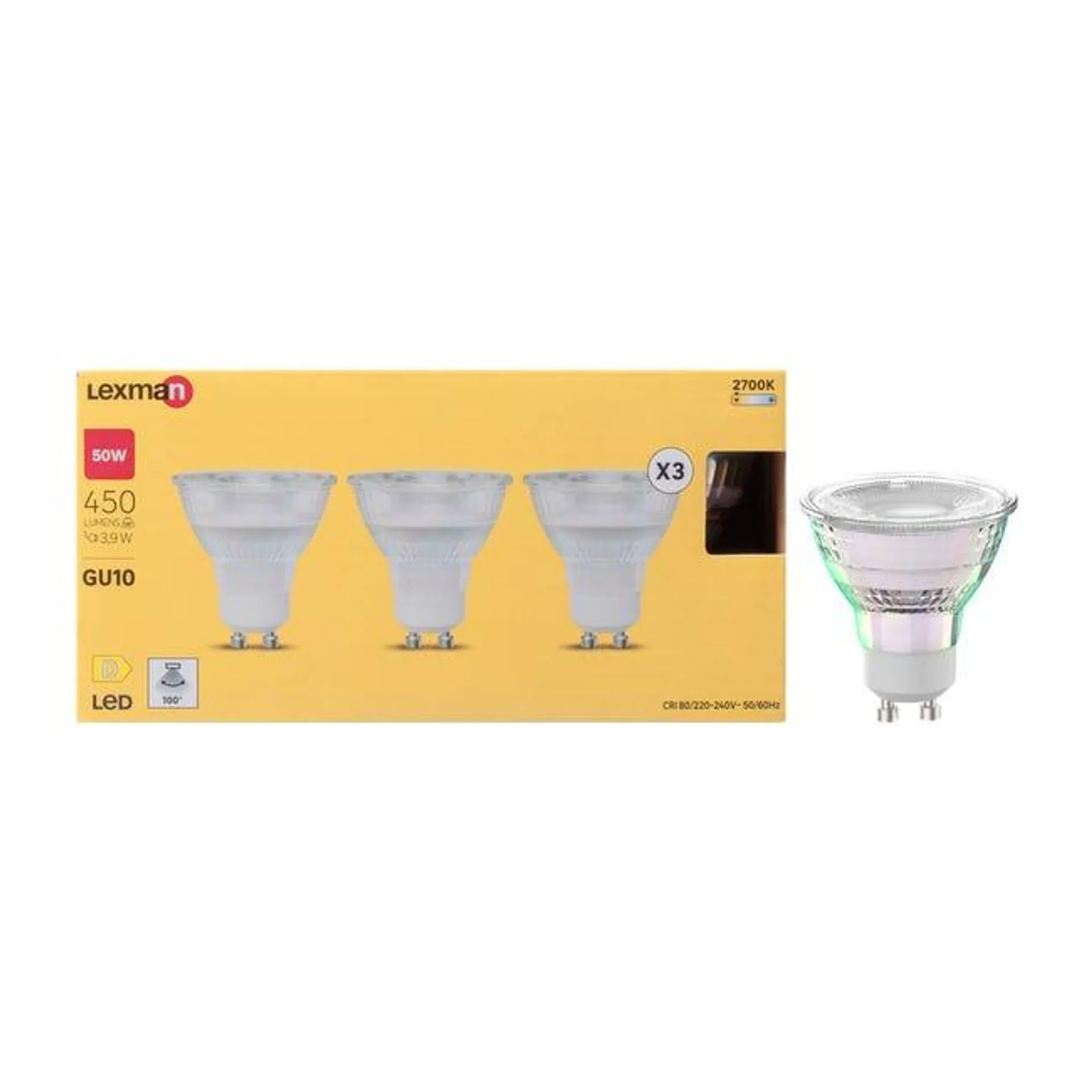 Set da 3 lampadine LED, GU10 faretto, trasparente, luce calda, 3.9W= 450LM (equiv 50 W), 100°, LEXMAN