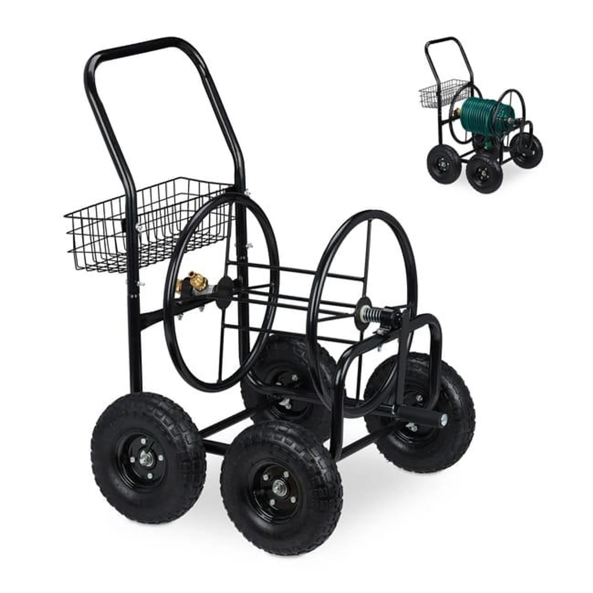 Relaxdays Carrello Avvolgitubo da Giardino, Carrellino Mobile per Acqua in Metallo, 4 Rotelle, Tubi Lunghi 75 m, Nero