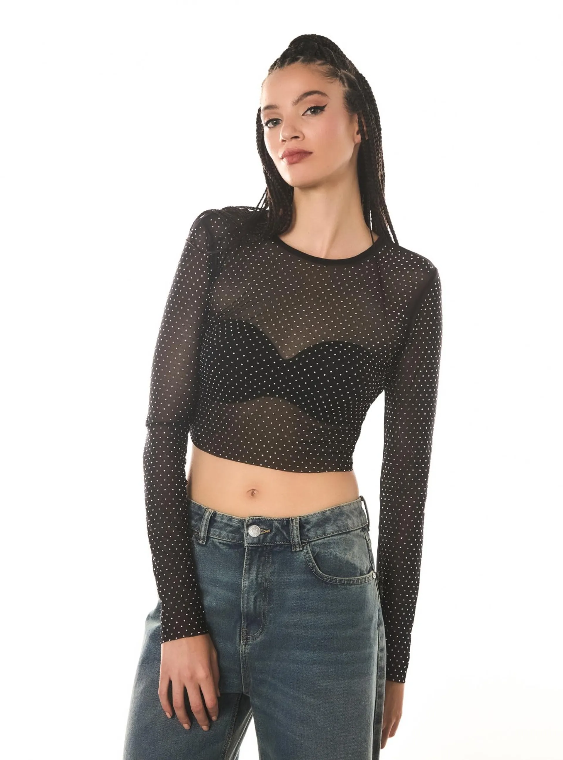 T-shirt crop in tulle con strass Nero