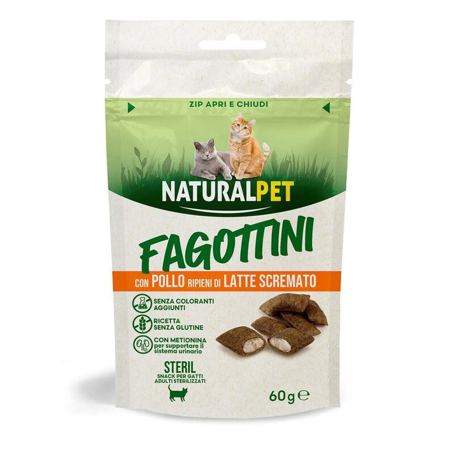 Naturalpet Snack Cat Sterilised Fagottini con Manzo ripieni di Latte scremato 60gr