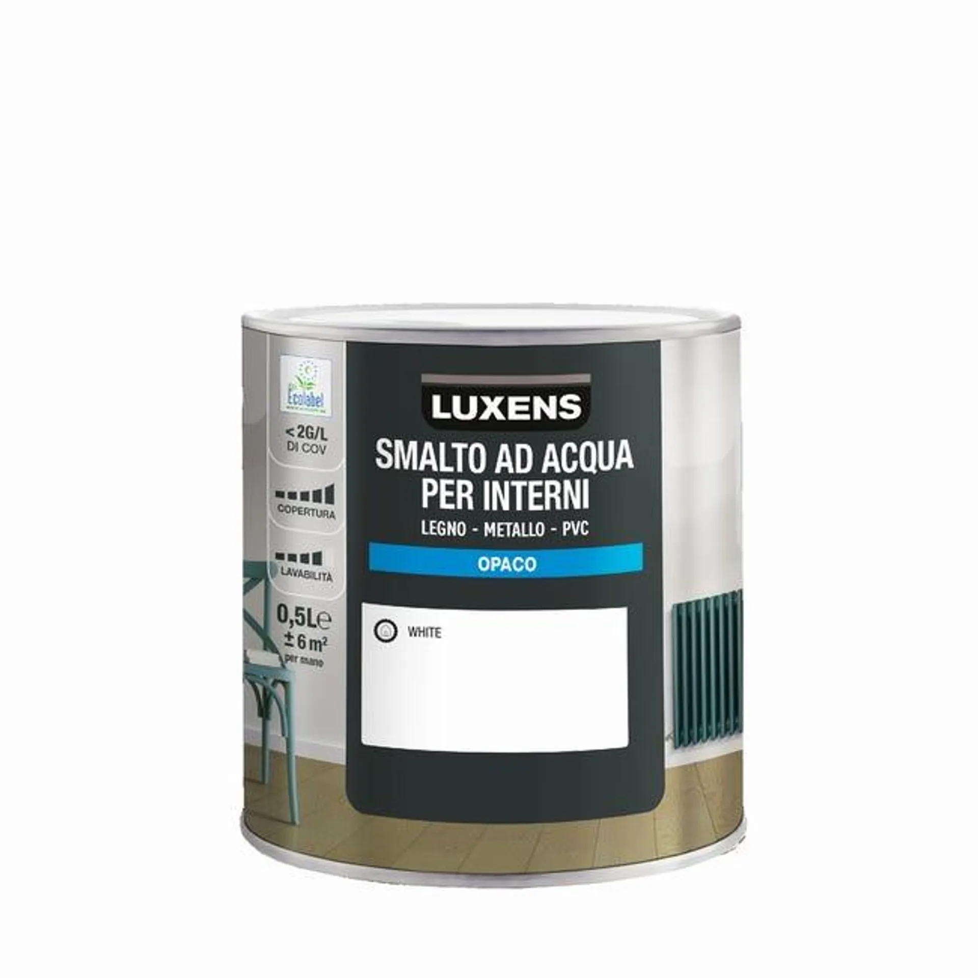 Pittura per interni per boiserie e finestra e porta e radiatore e mobile super lavabile, LUXENS bianco white opaco, 0.5 L