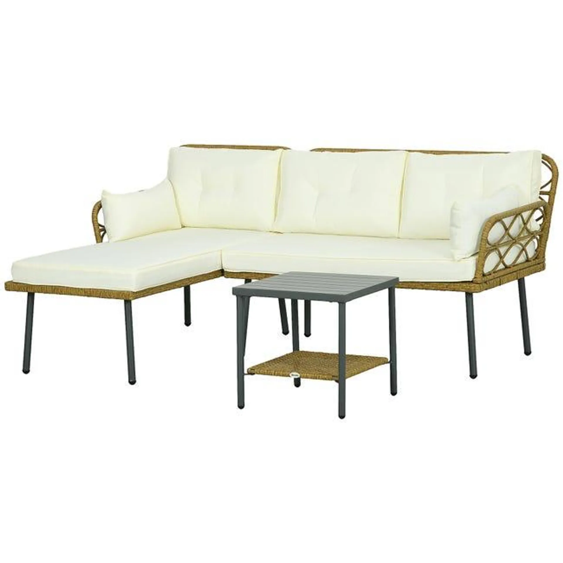 Outsunny Salotto da Giardino in Rattan PE con Chaise Longue, Divano 2 Posti e Tavolino, Crema