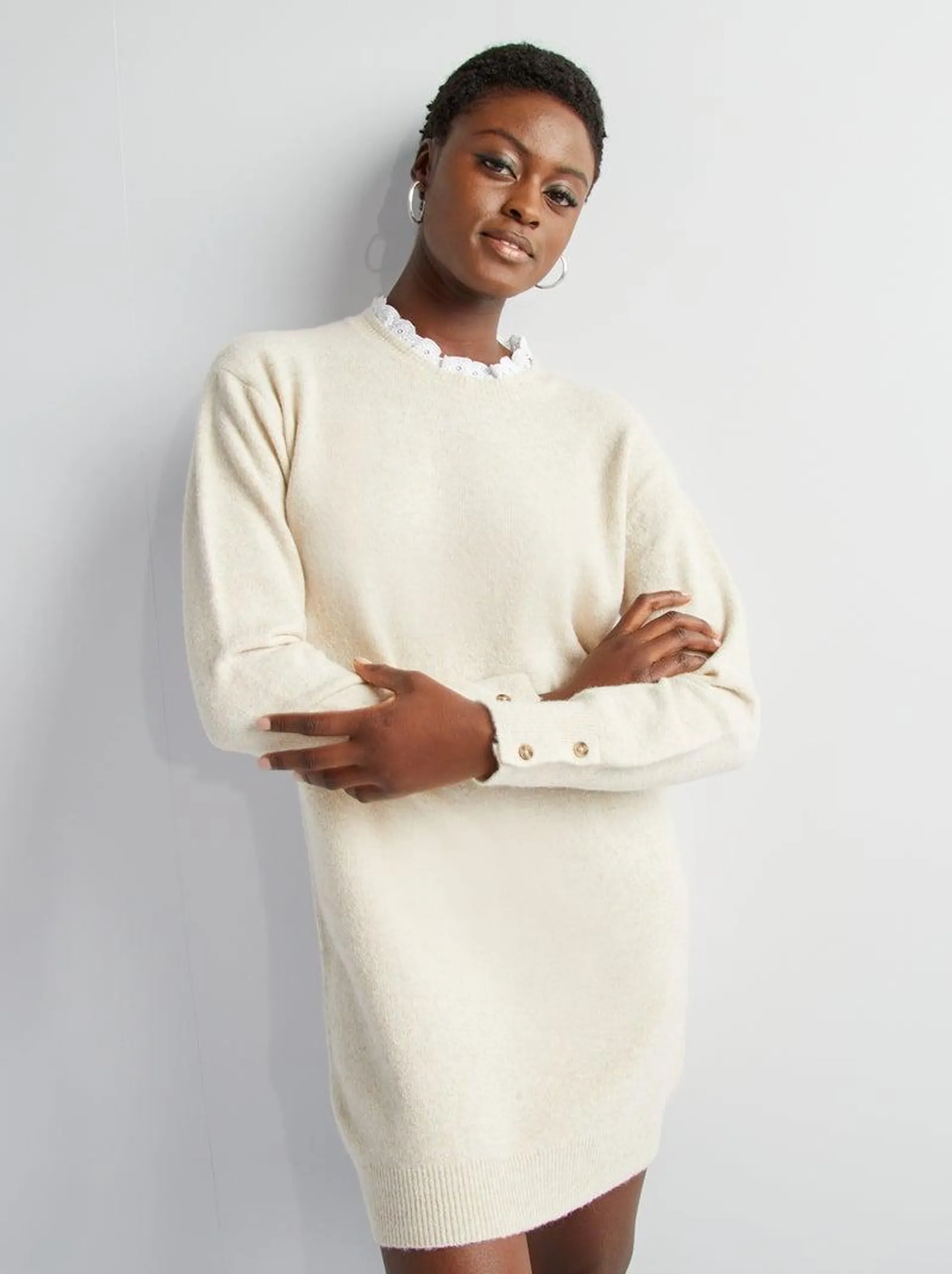 Maxi pull in maglia con colletto effetto 2 in 1 - BEIGE