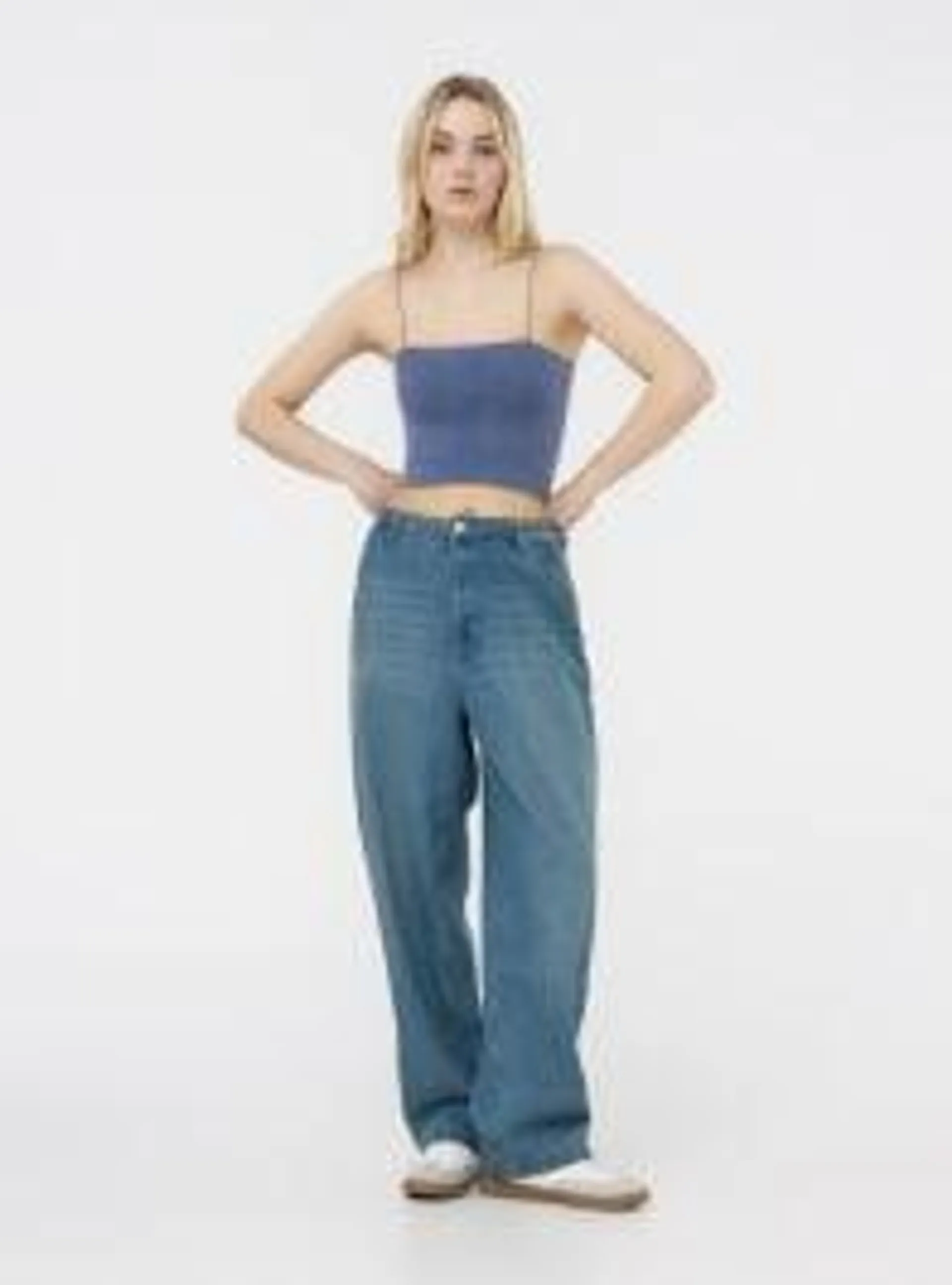 Jeans baggy con tasche alla francese Blu denim medio