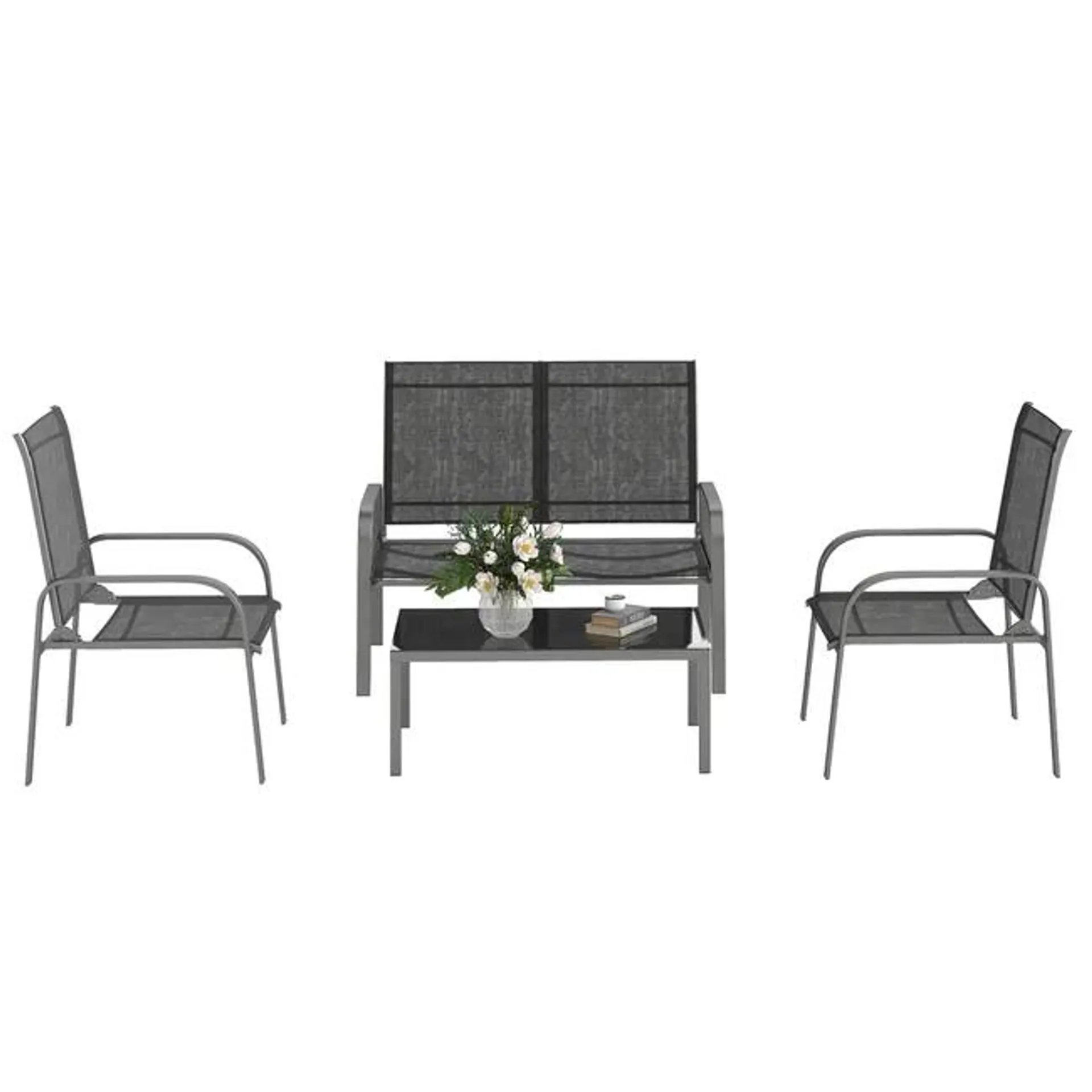 Outsunny Set da Esterno 4pz con Tavolino, 2 Sedie e Divanetto con Schienale Regolabile, in Acciaio e Textilene Nero