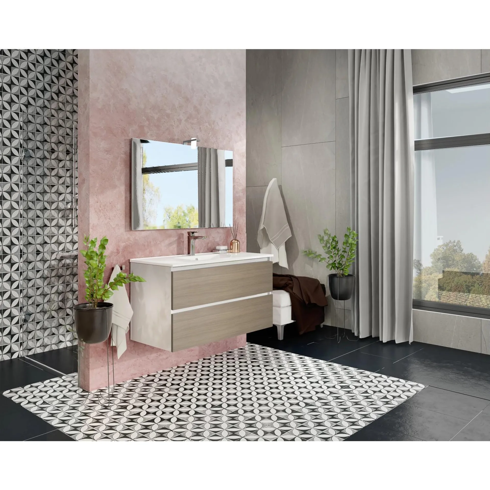 Pensile bagno Cube rovere fumo con lavabo e specchio 100 cm