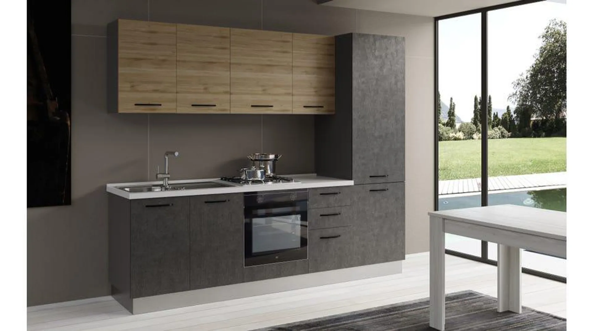 Gilda cucina 255 cm colore cemento scuro e rovere cadiz