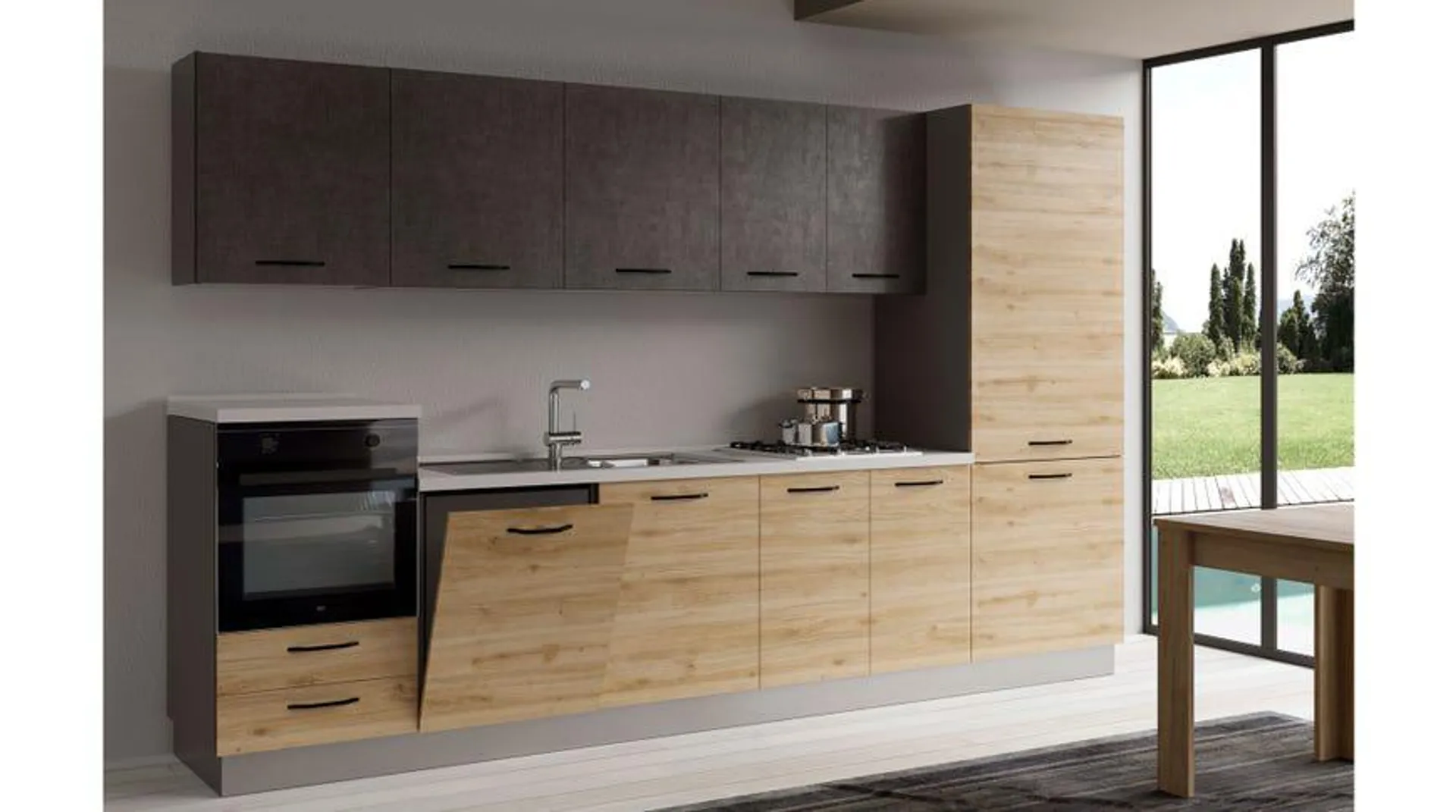 Gilda cucina 345 cm colore rovere cadiz e cemento scuro