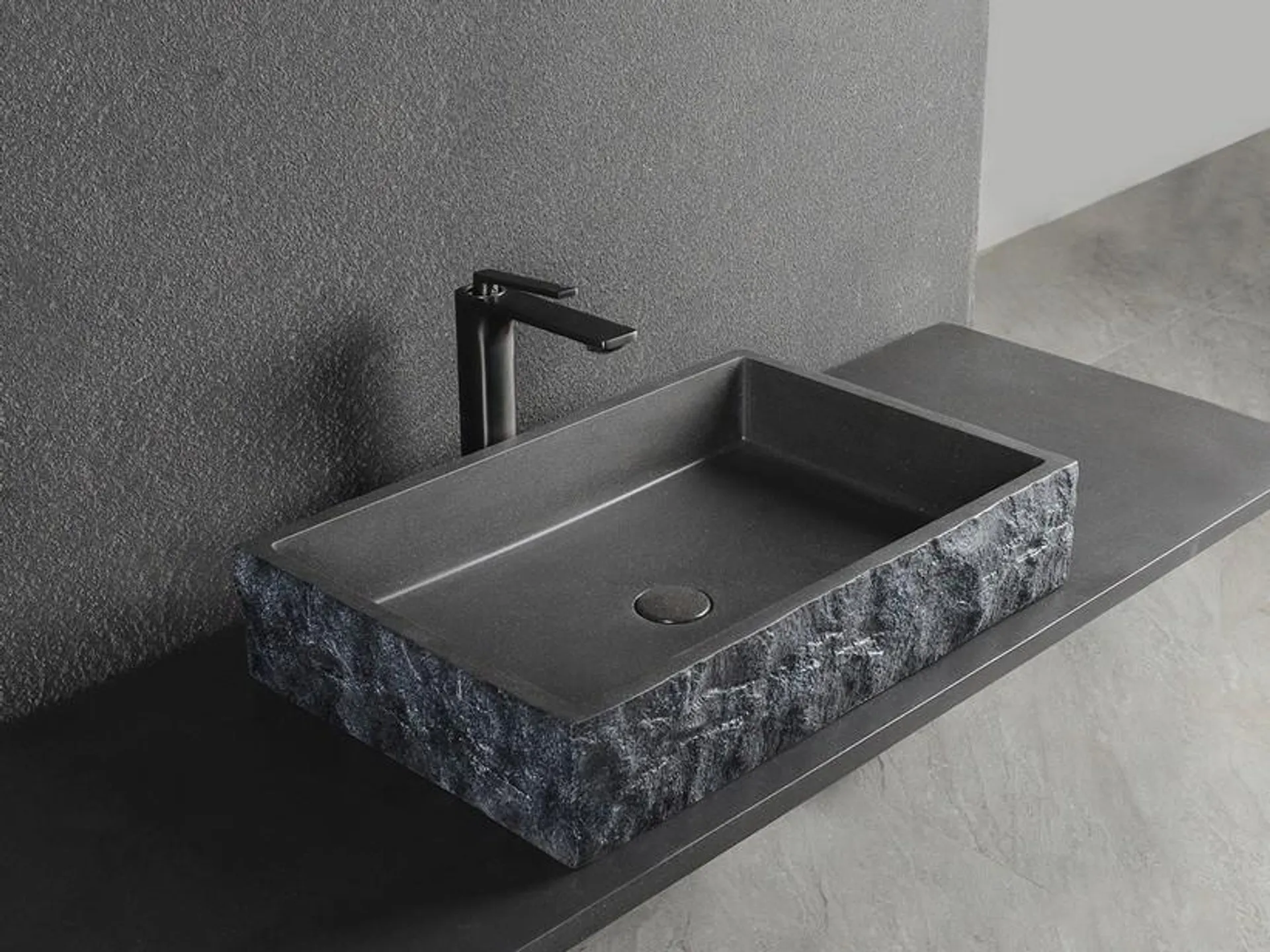 Lavabo da Appoggio Roughstone 61x40xH12 cm in Resina e Cemento finitura Granito Scuro