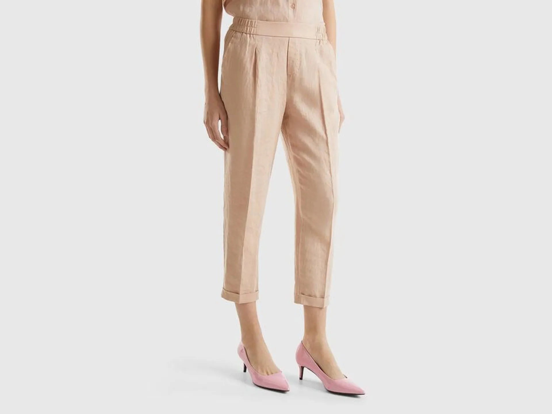 Pantaloni cropped in 100% lino