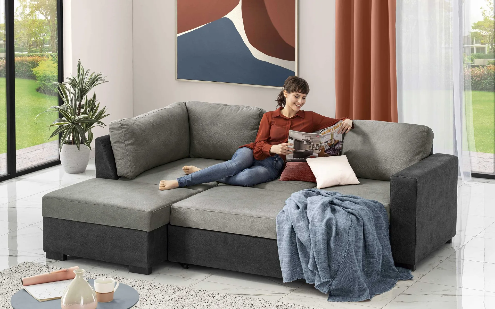 Divano letto angolare con pouf contenitore sinistro - meccanismo estraibile