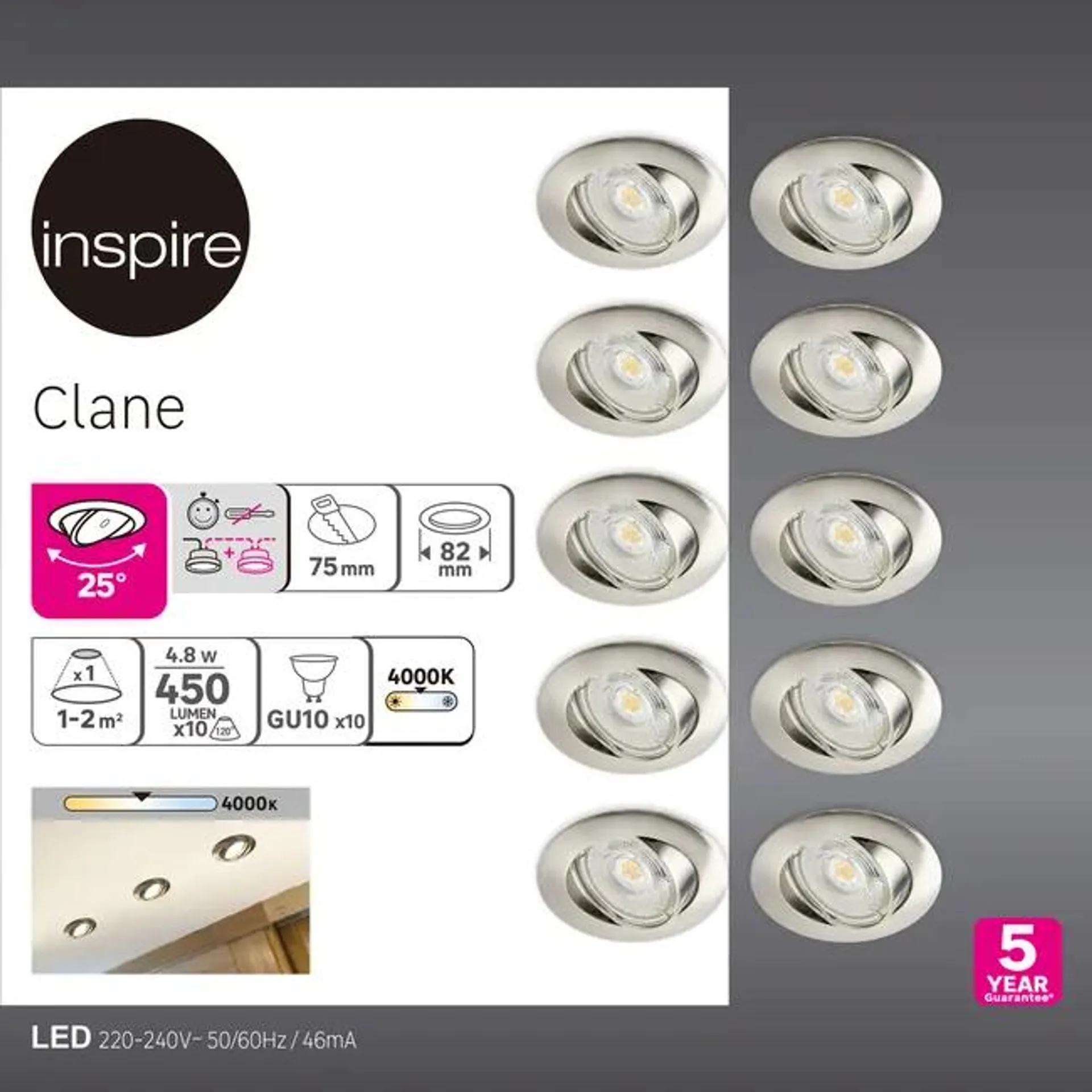 Set da 10 pezzi, faretto da incasso con fonte luminosa orientabile GU10 INSPIRE CLANE argento Ø 8.2 cm Luce bianco naturale