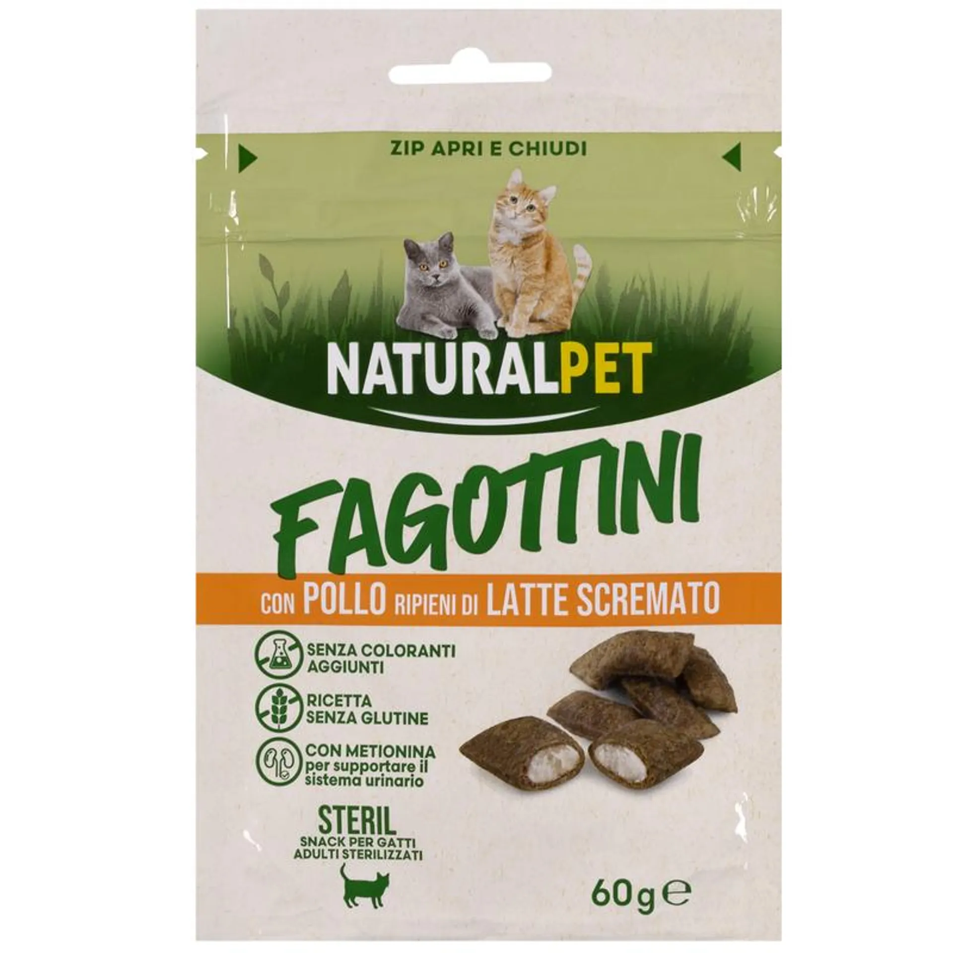 Naturalpet Cat Sterilised Snack Fagottini con Pollo ripieni di latte scremato 60gr