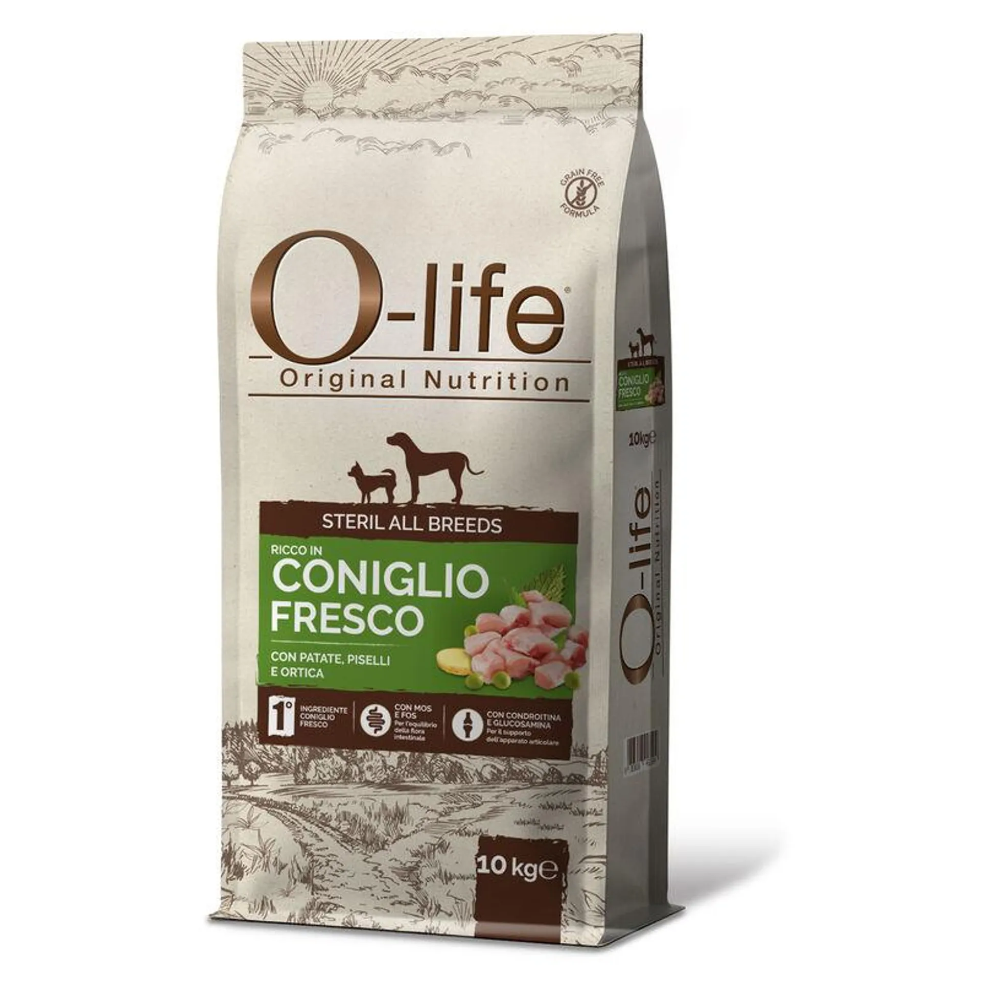 O-life Dog Steril All breeds ricco in Coniglio fresco con patate piselli e ortica 10kg