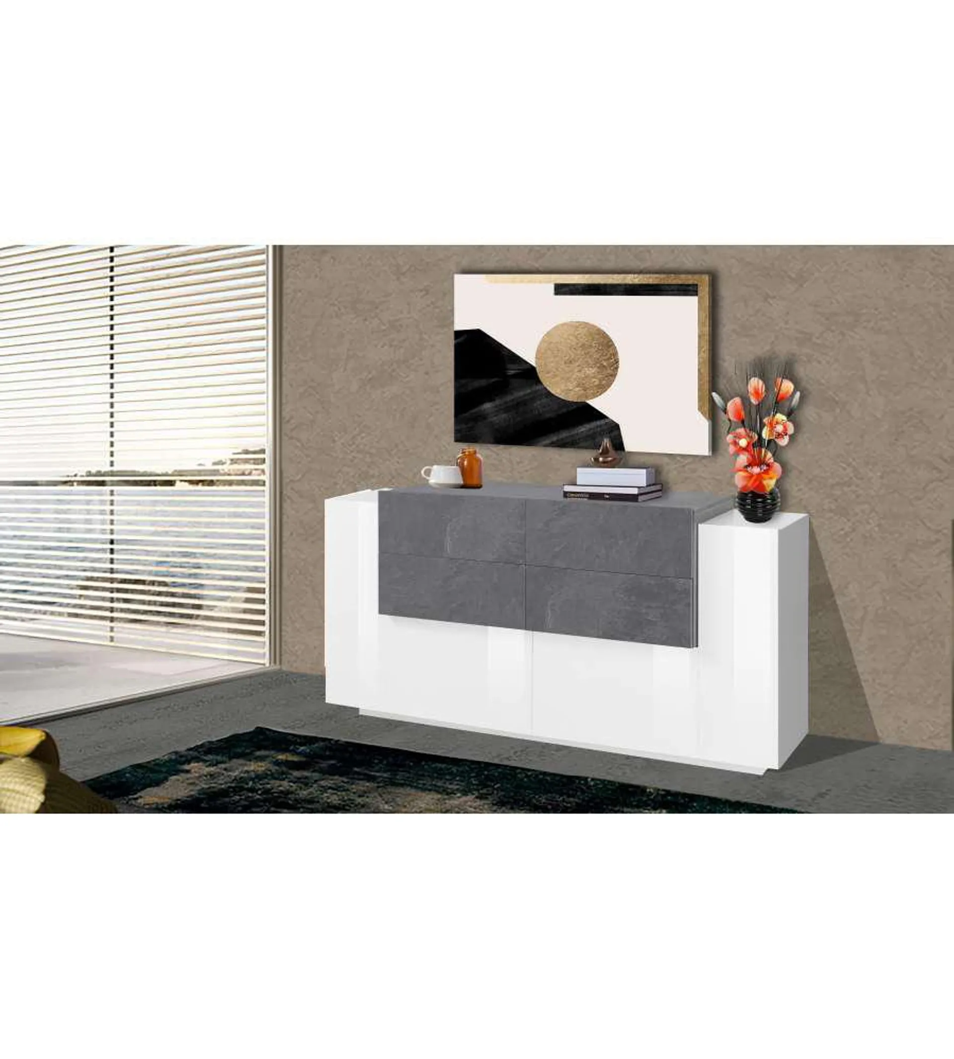 Credenza New Corona Moderna 2 Ante Battenti 4 Cassetti Bianco Ardesia