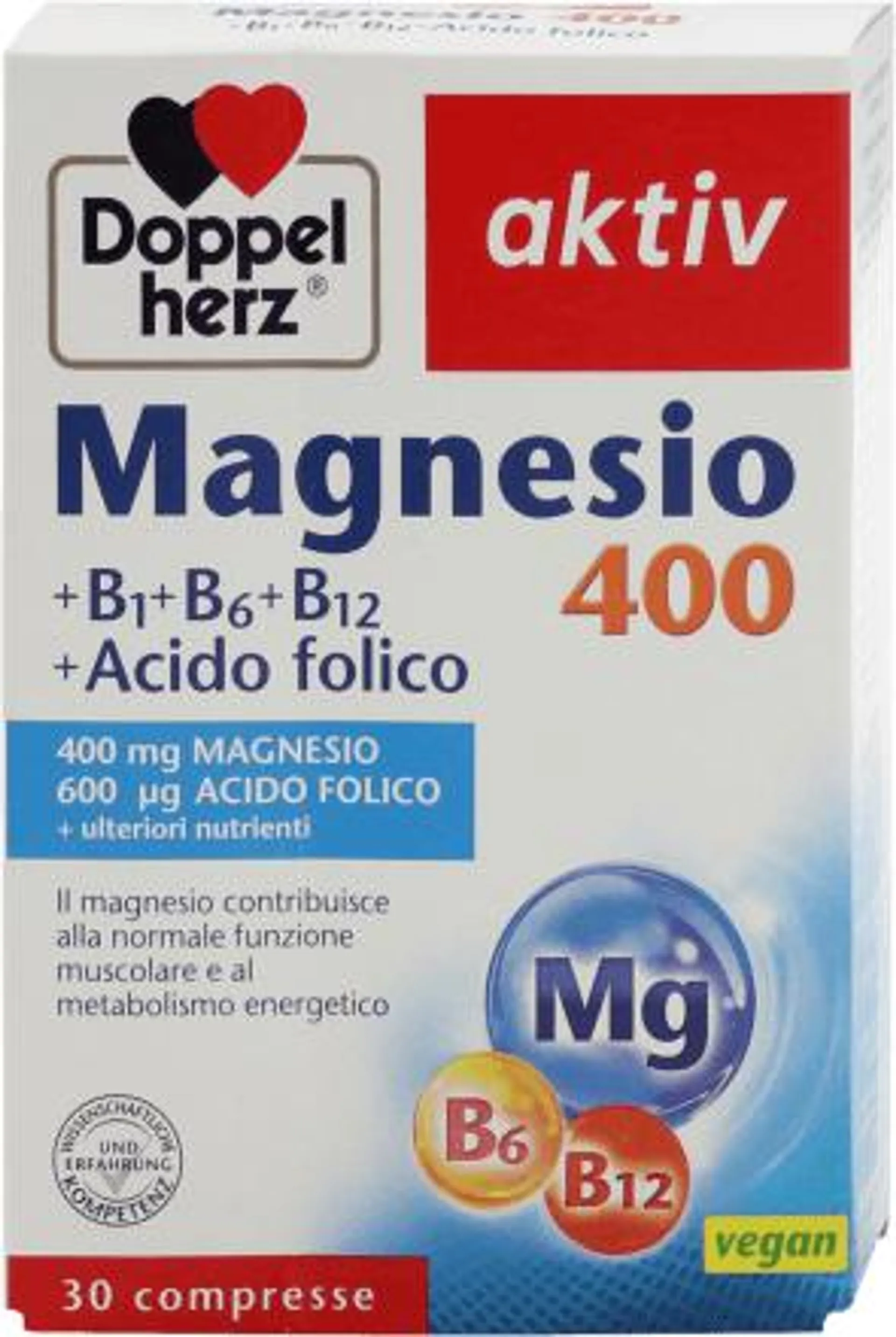 Magnesio 400 +B1+B6+B12+acido folico aktiv, 30 pz