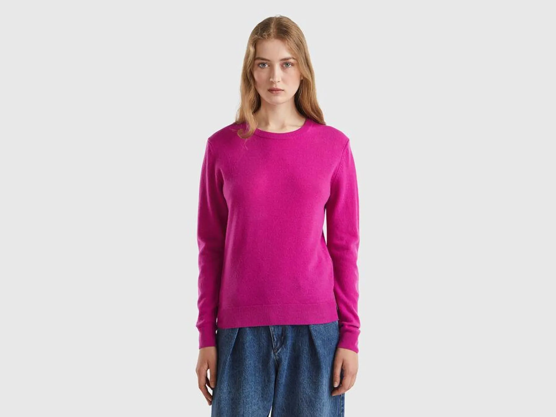 Maglia girocollo fucsia ciclamino in pura lana Merino