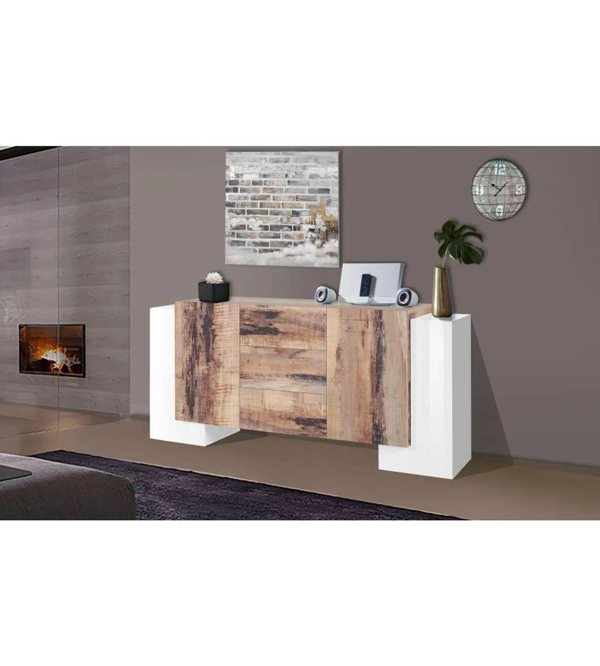 Credenza Pillon Moderna 2+2 Ante Battenti 2 Cassetti Bianco Acero Pereira