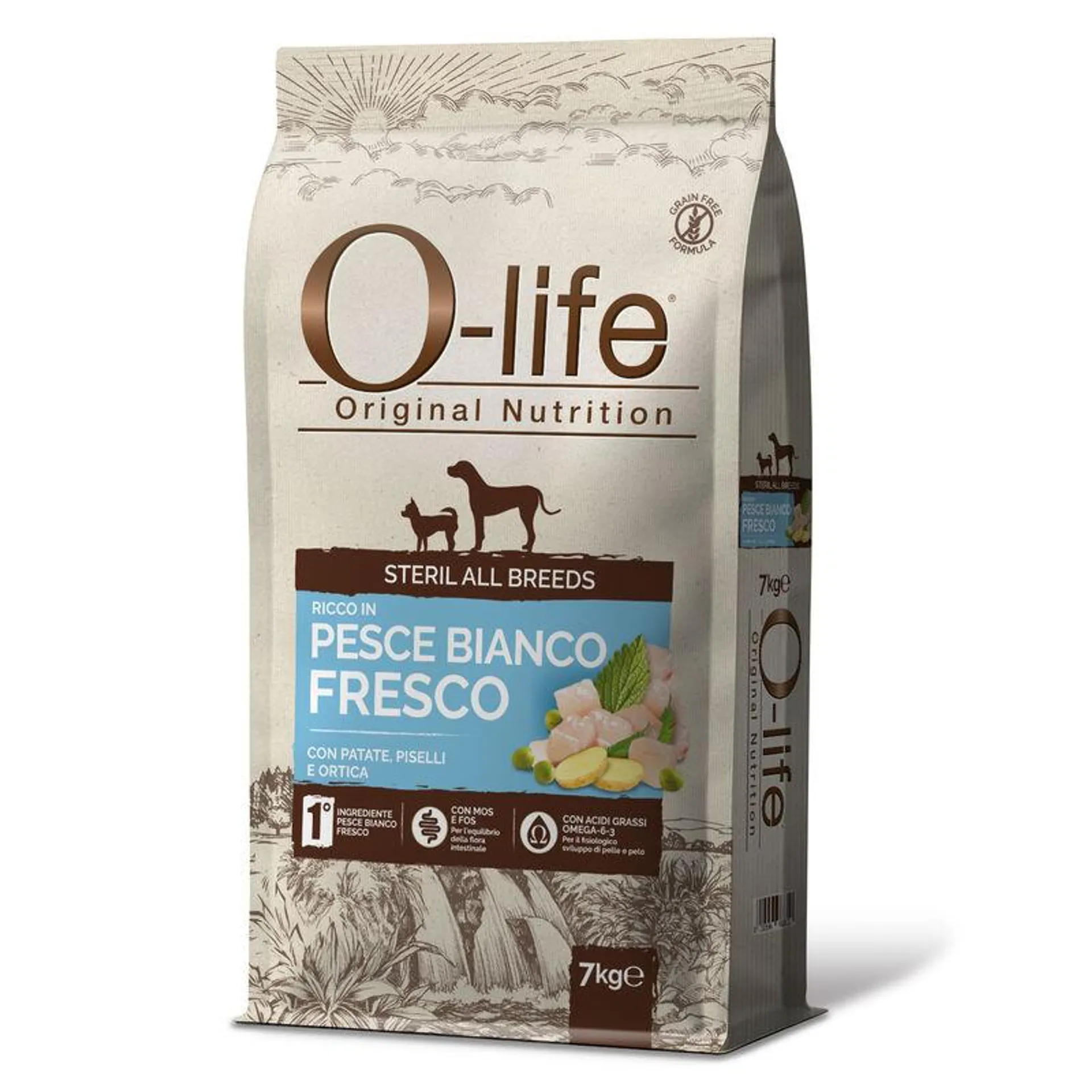 O-life Dog All breeds Sterilised ricco in Pesce Bianco con patate, piselli e ortica 7 kg