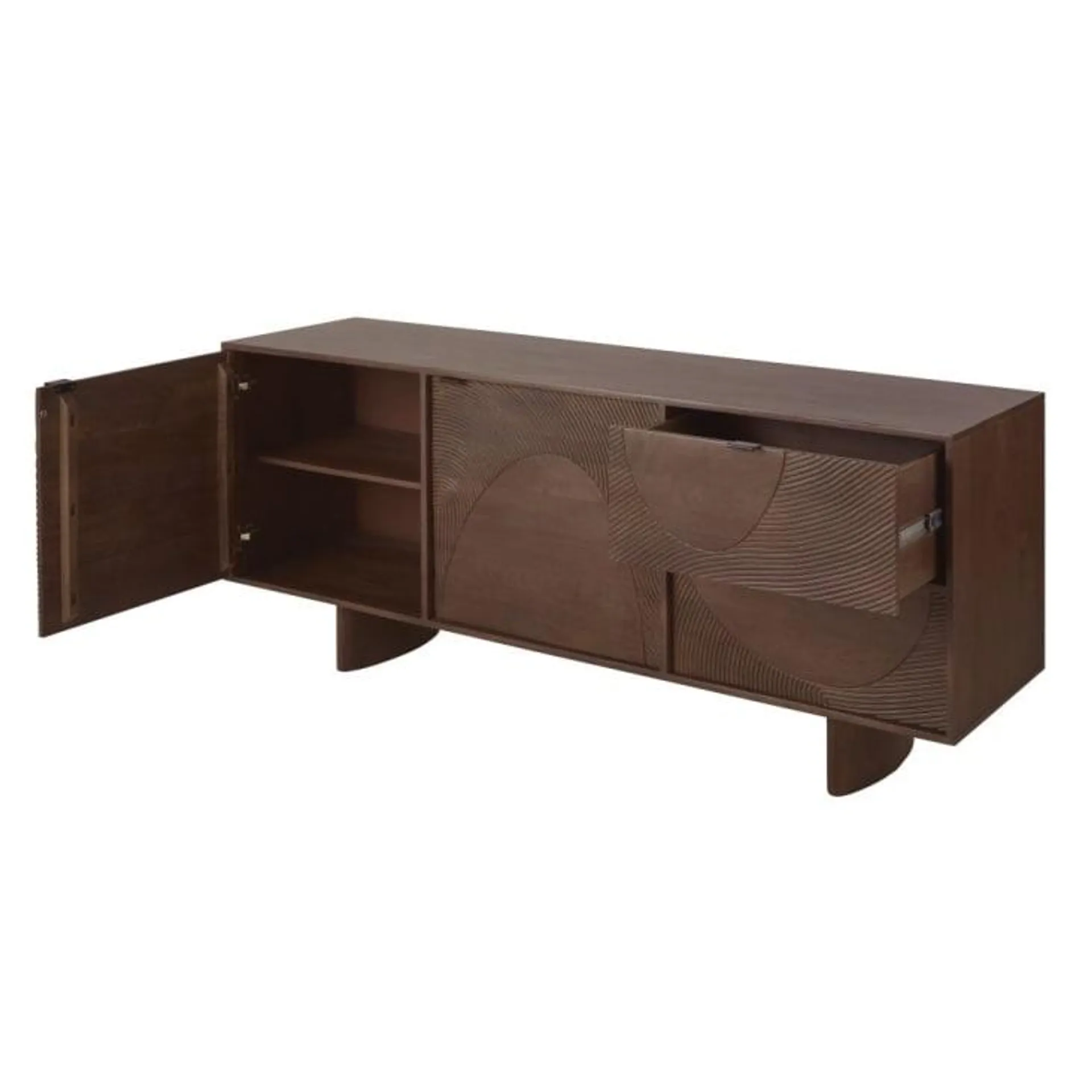 Credenza bassa lunga a 2 ante e 2 cassetti in legno di acacia inciso