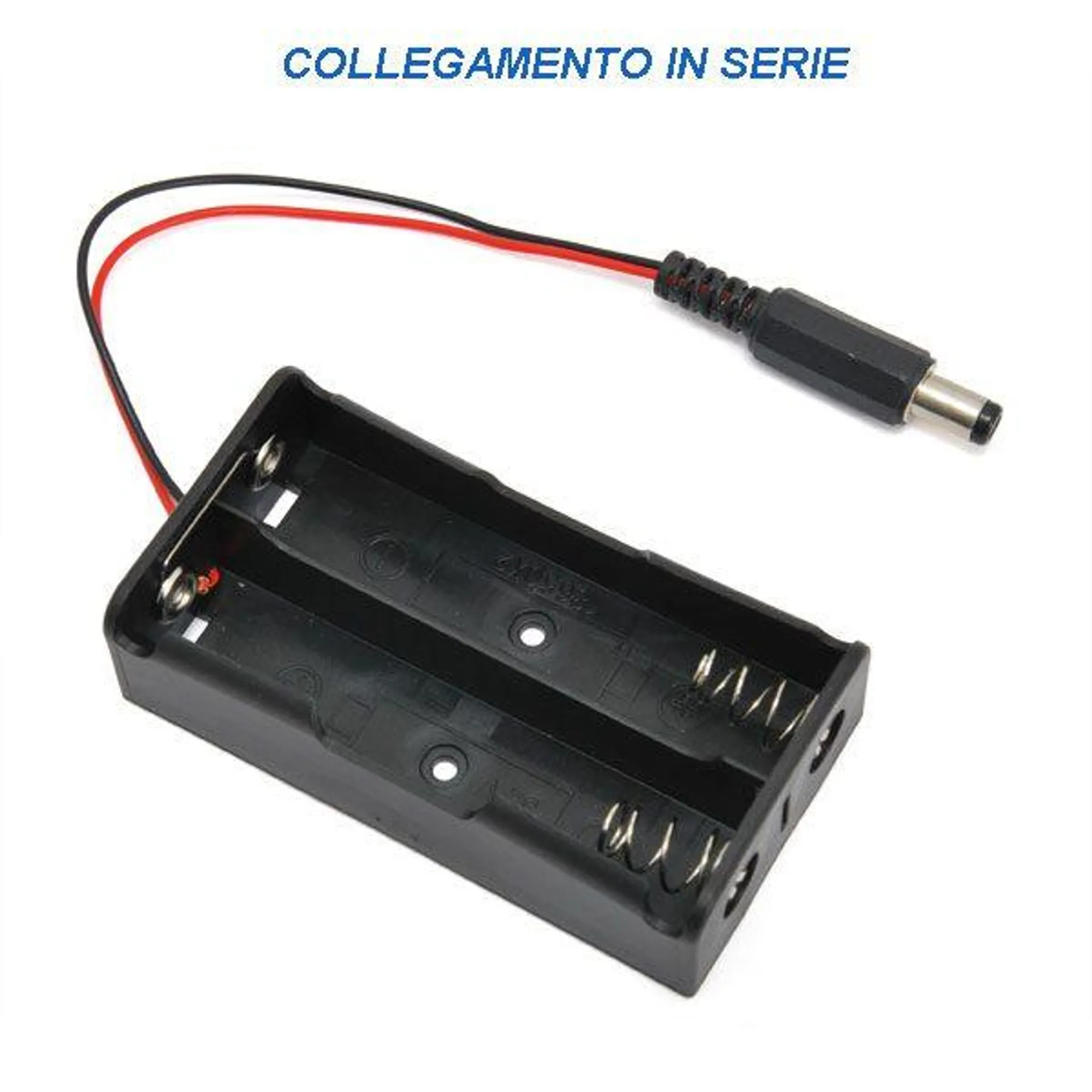 Portabatteria con plug DC per 2 pile 18650 in serie