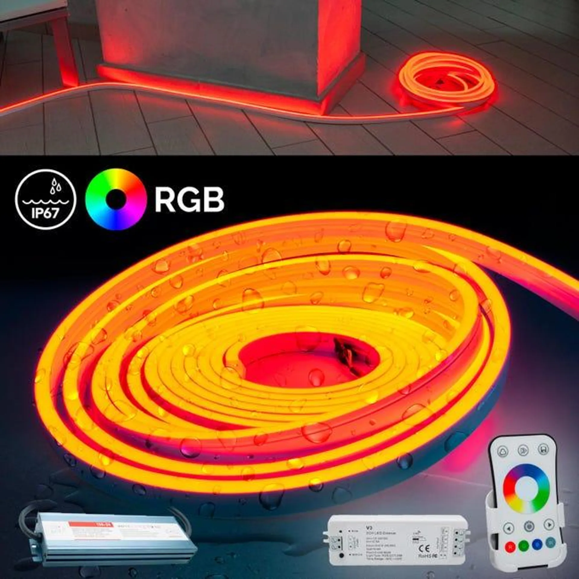 KIT striscia Neon Flex flessibile LED IP67 centralina telecomando alimentatore RGB 24V effetti luce colorata esterni giardino bobina 10 metri