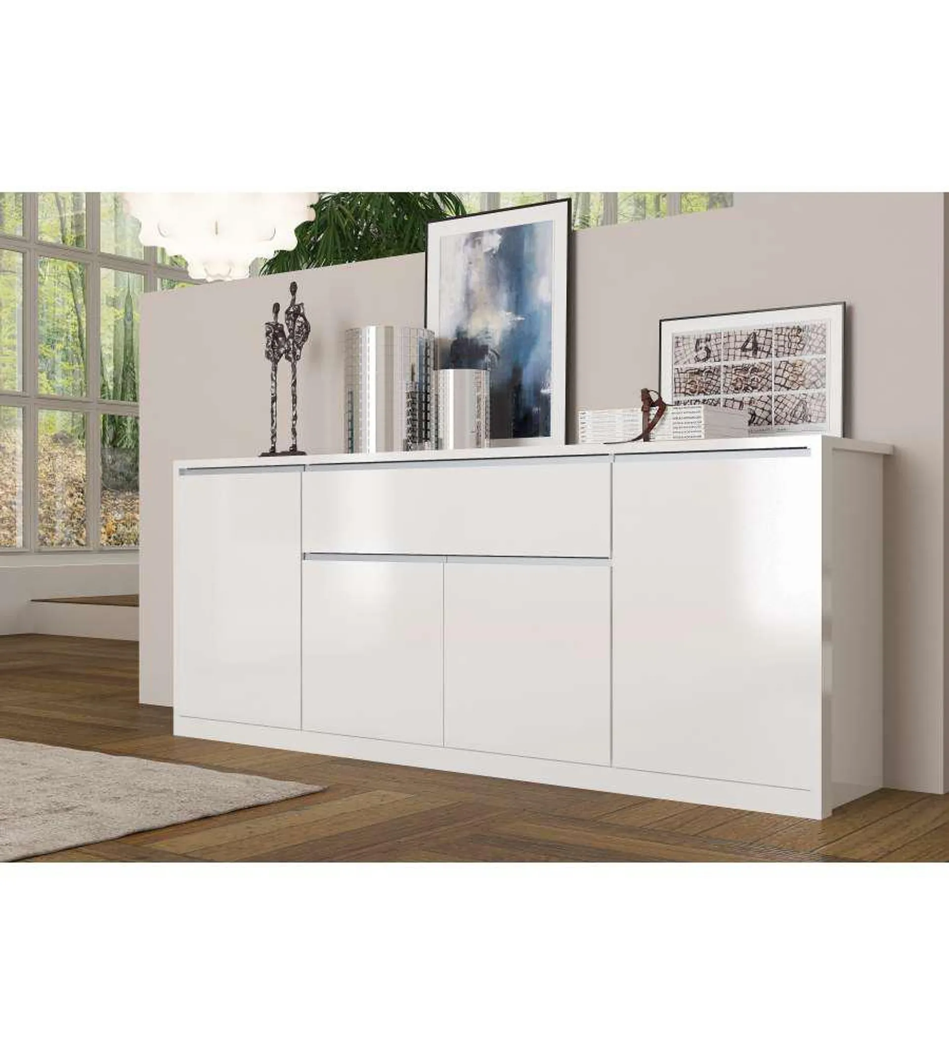 Credenza Moderna 4 Ante + 1 Cassettone Mito Bianco Lucido