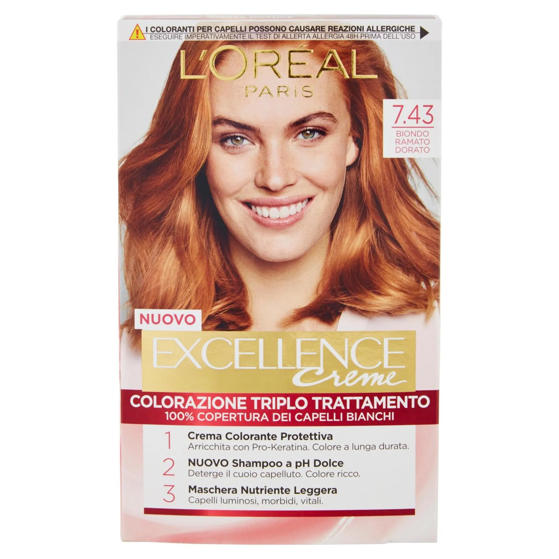 L'Oréal Paris Excellence, Crema colorante triplo trattamento avanzato, 7.43 Biondo Ramato Dorato