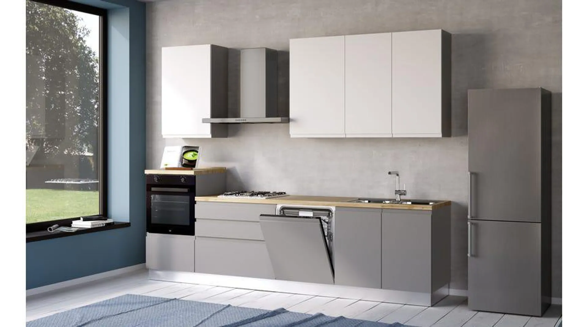 Iris cucina 300 cm colore grigio chiaro e bianco opaco con lavastoviglie