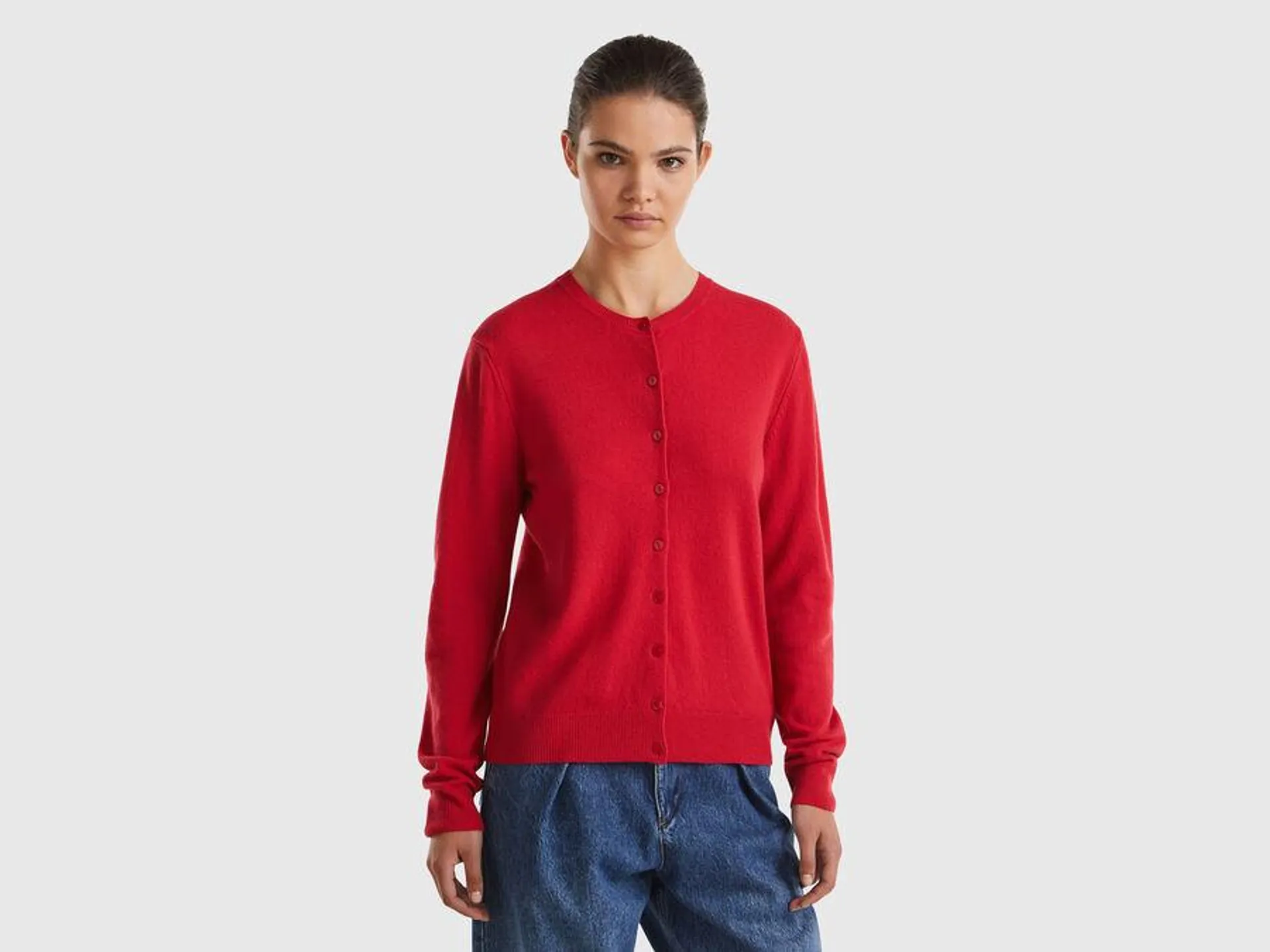 Red plum crew neck cardigan in pure Merino wool