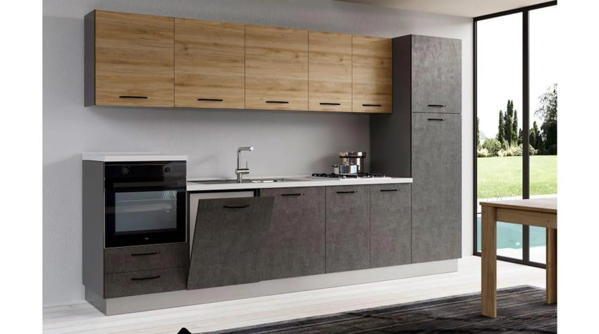 Gilda cucina 330 cm colore cemento scuro e rovere cadiz