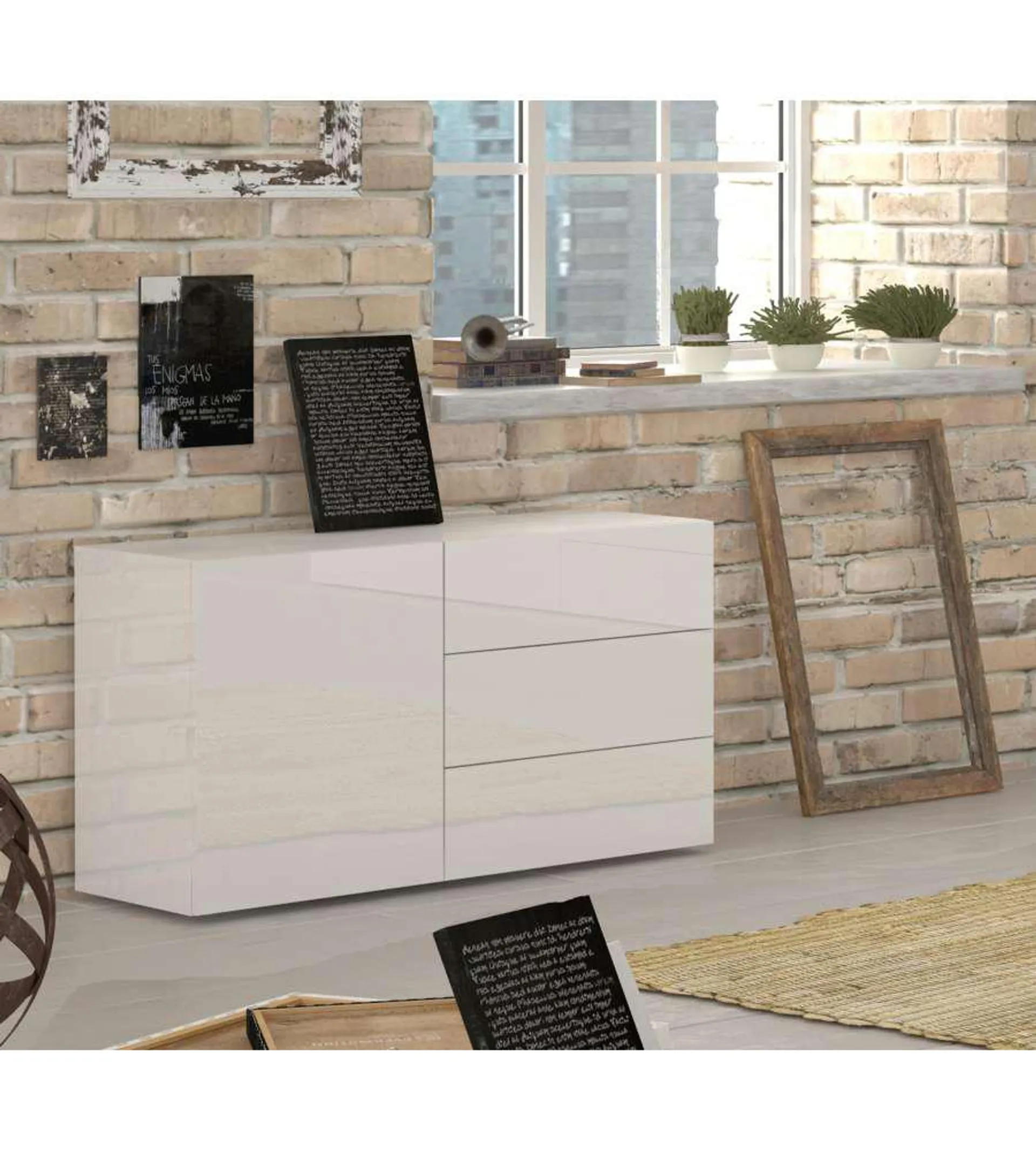 Credenza Moderna 1 Anta + 3 Cassetti Metis Bianco Lucido