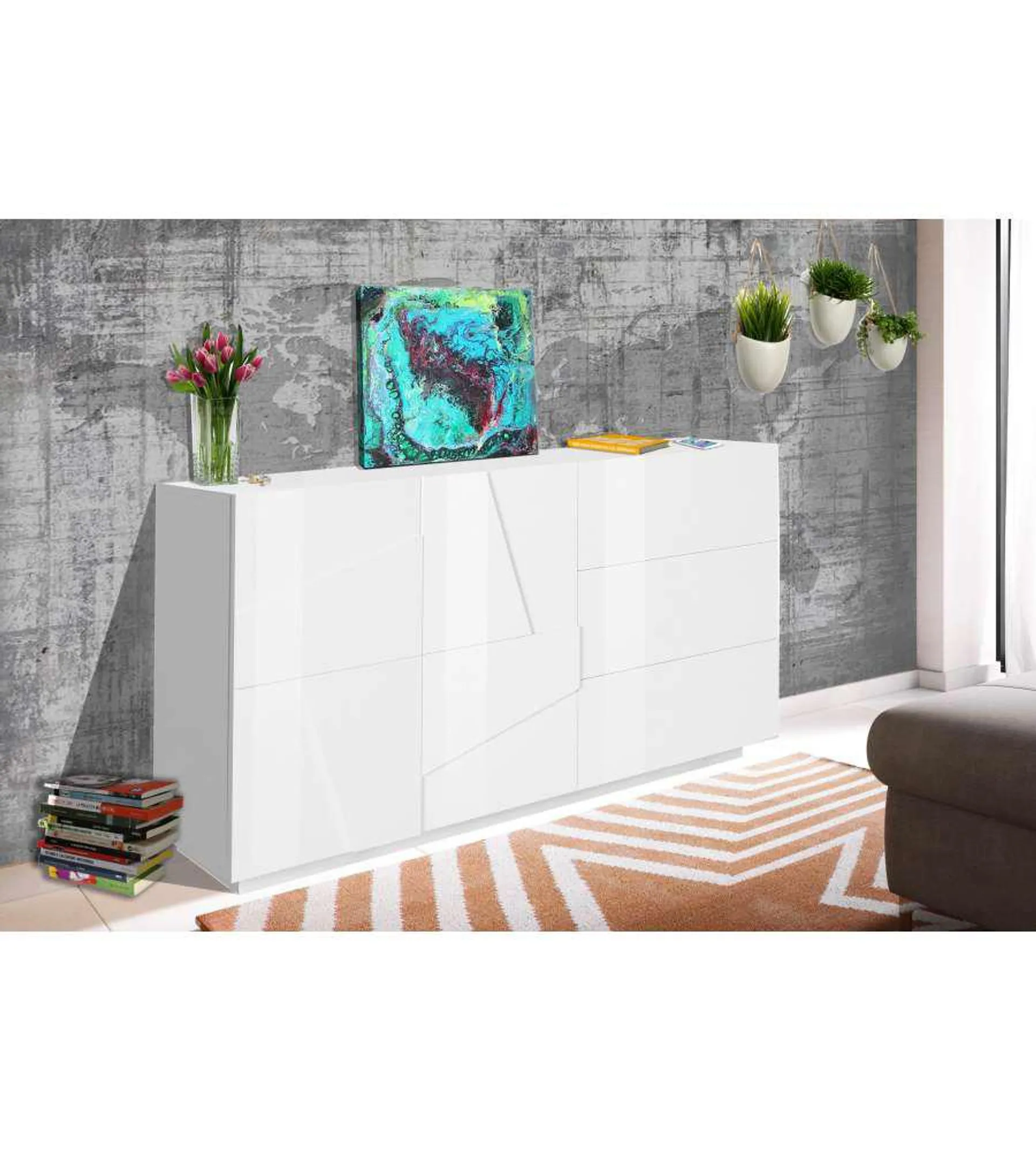 Credenza Ping Moderna 2 Ante Battente 3 Cassetti Bianco Lucido