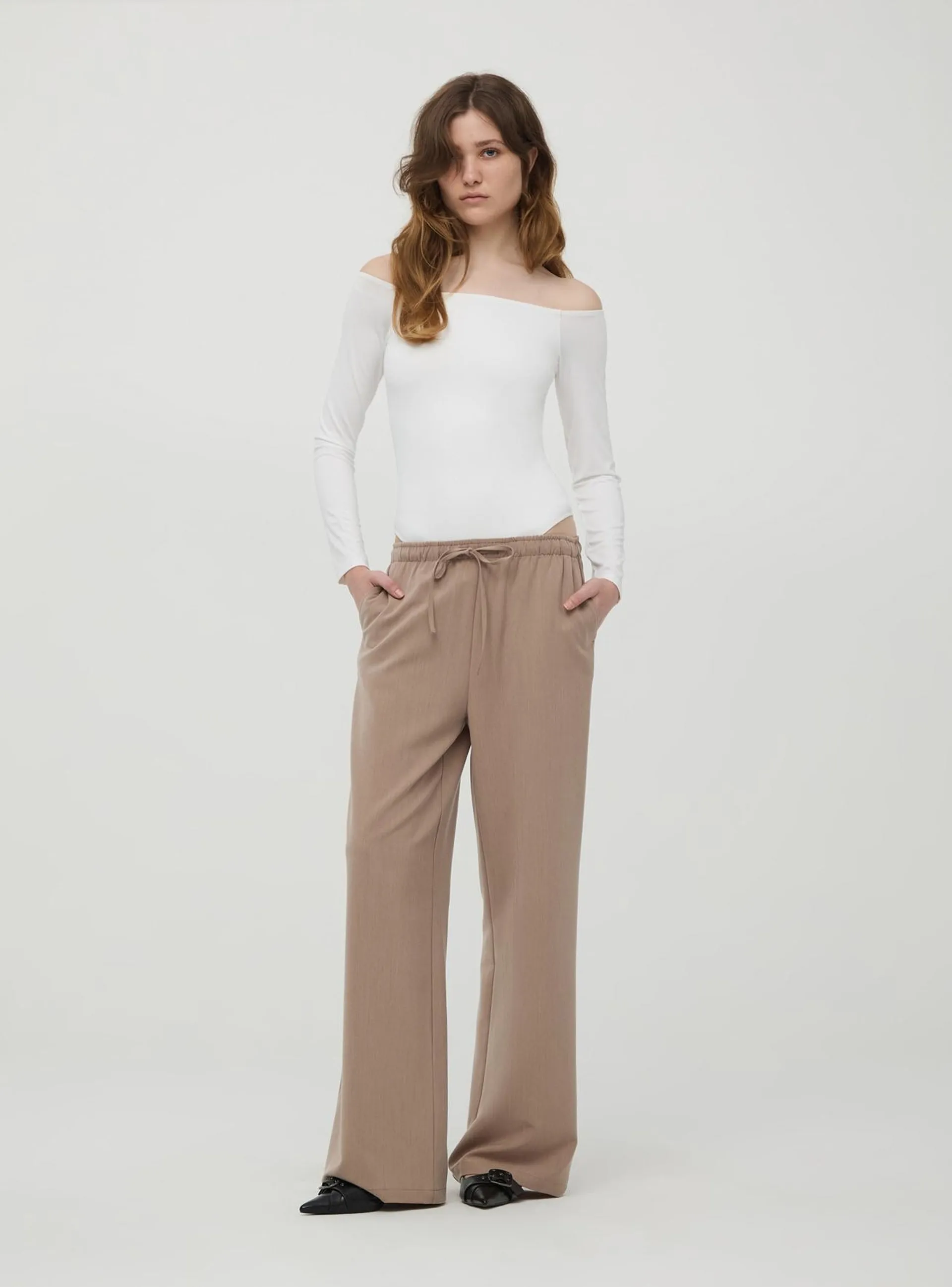 Pantaloni wide leg con coulisse in tessuto melange Fango melange