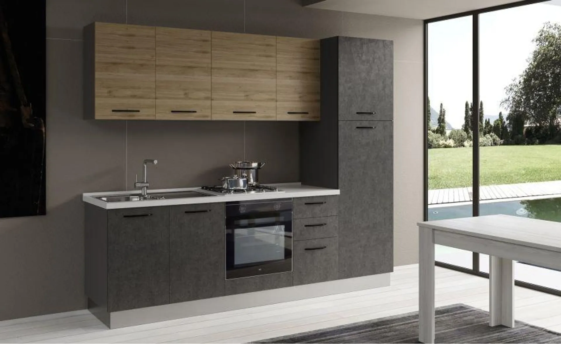 Gilda cucina 255 cm colore cemento scuro e rovere cadiz