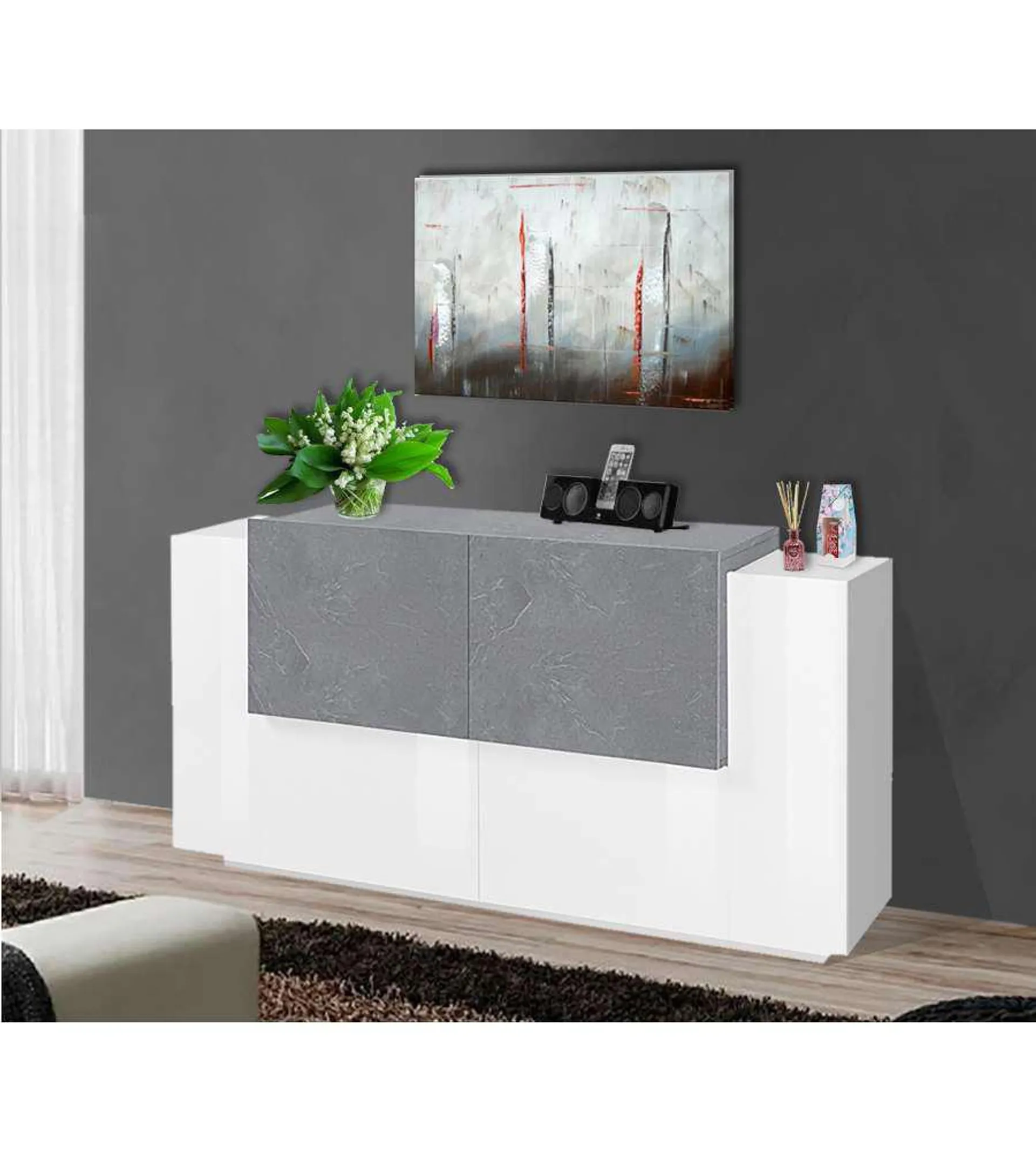 Credenza New Corona Moderna 2 Ante Battenti 2 Ante Battente Bianco Ardesia