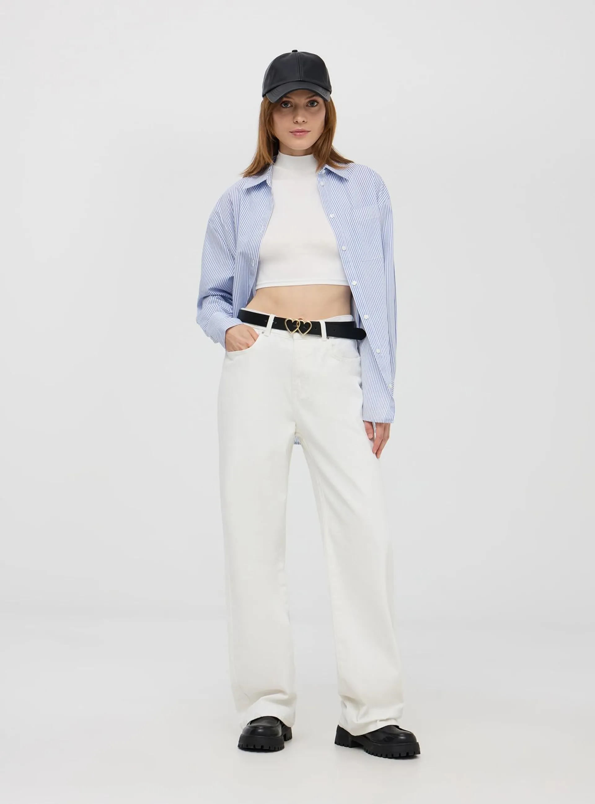 Pantaloni wide leg in denim Bianco lana