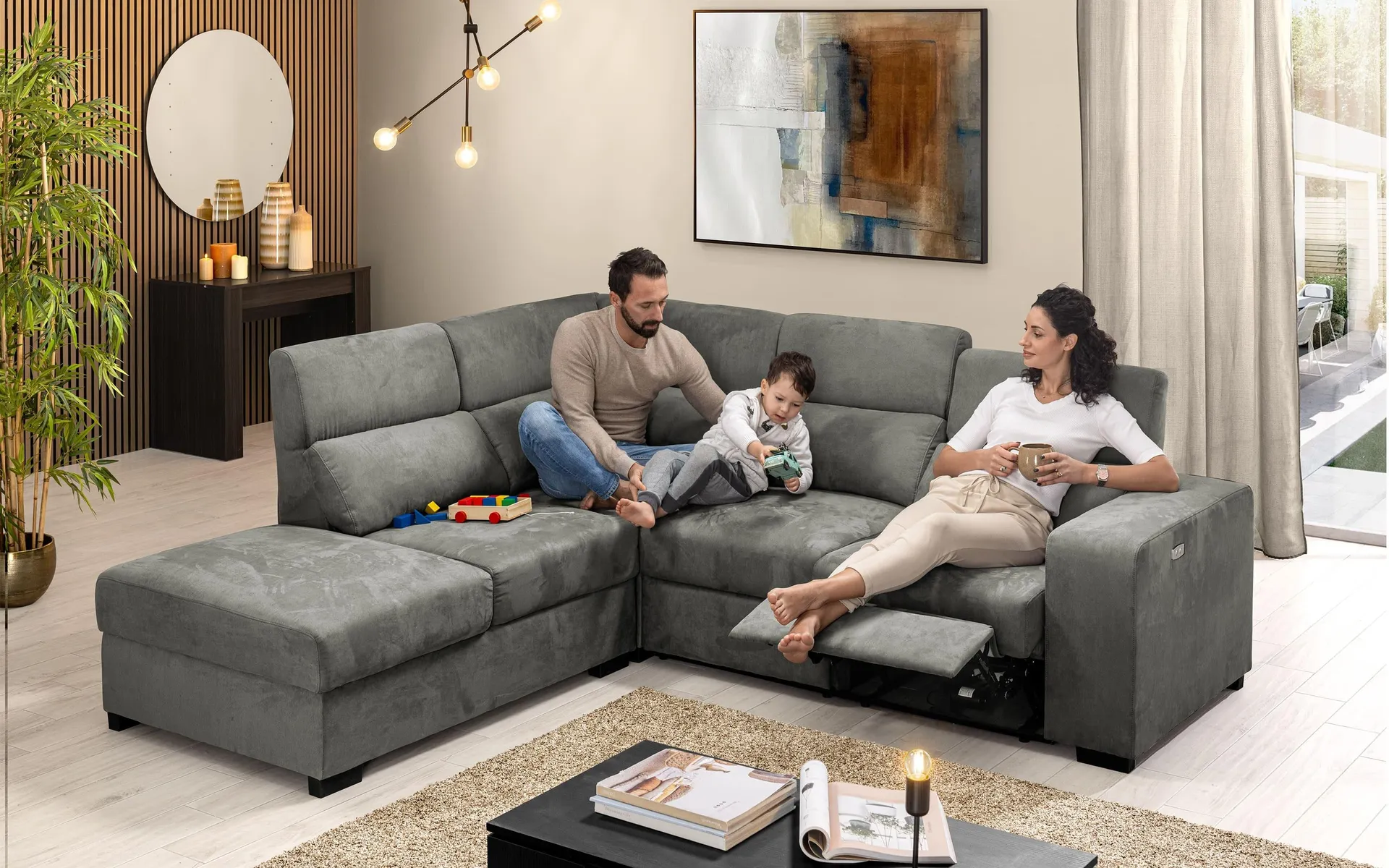 Divano angolare con pouf contenitore sinistro - recliner elettrico