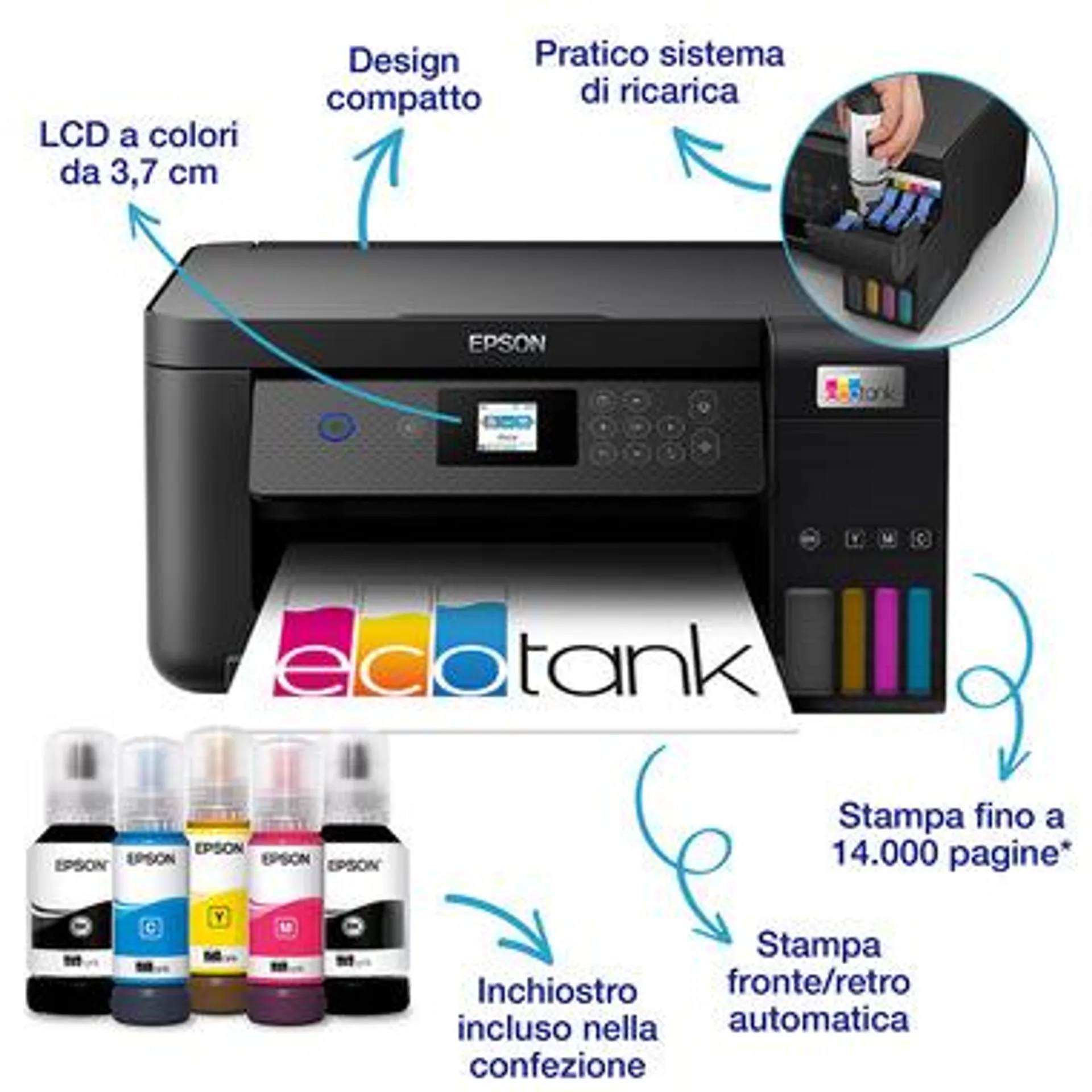 Epson EcoTank ET-2850 stampante multifunzione inkjet 3-in-1 A4, serbatoi ricaricabili alta capacità, 5 flaconi inclusi pari a 14000pag B/N 5200pag colore, Wi-FI Direct, USB