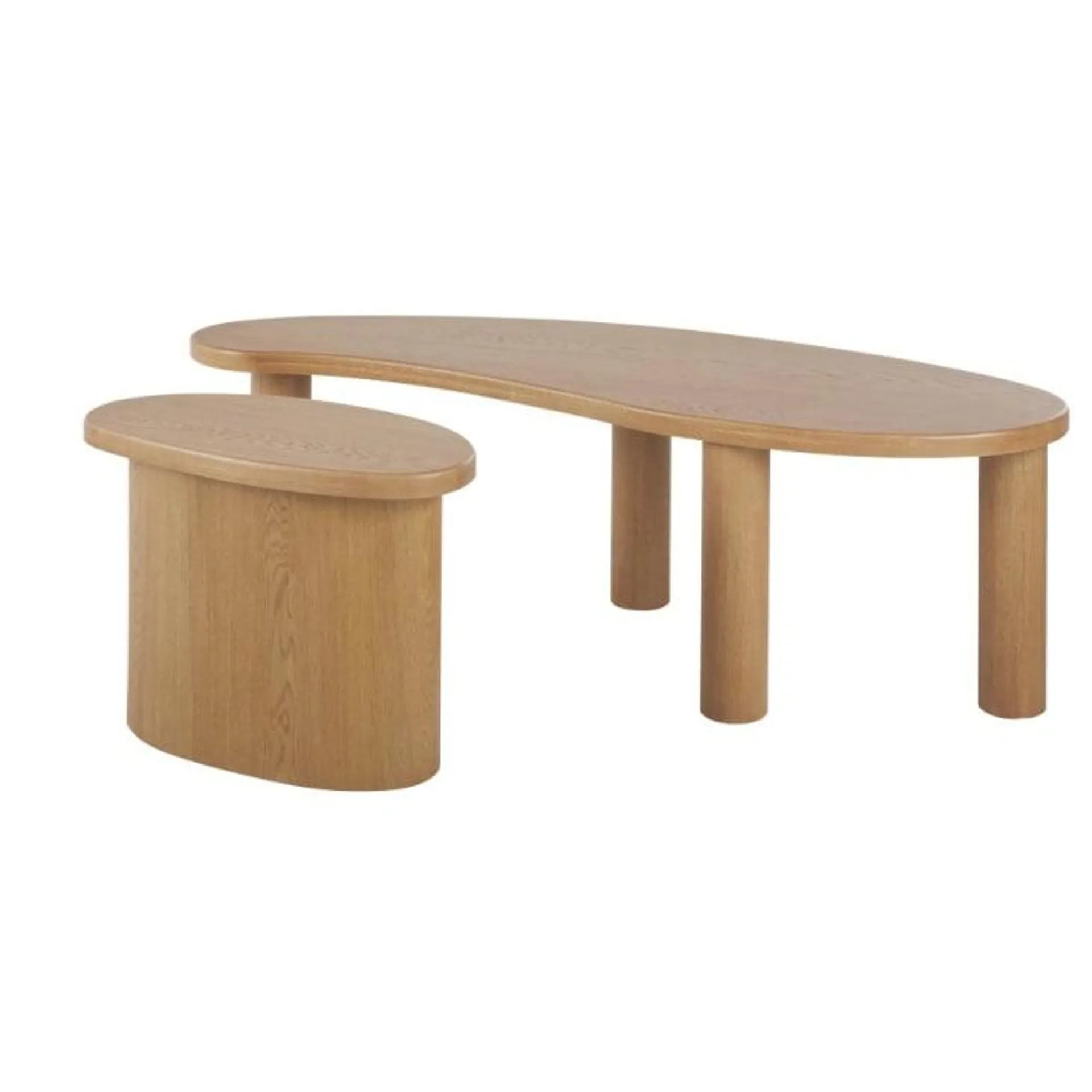 Tavolini bassi arrotondati con base d'appoggio in legno massello di pino lung. 148 cm (x2)